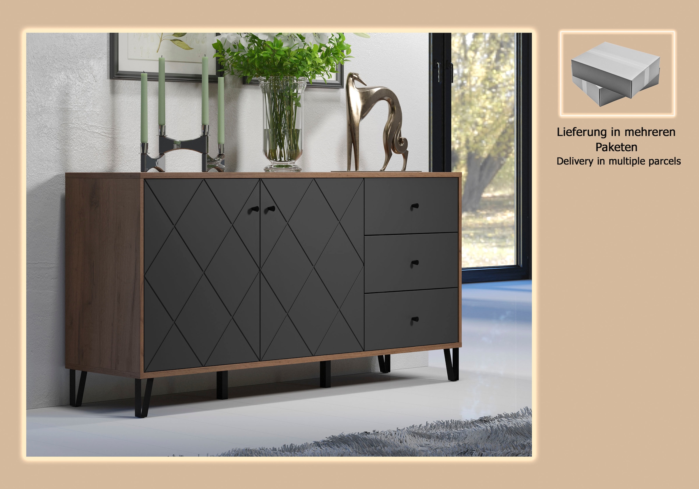 Home affaire Sideboard »Molveno« 1 Stk. tlg. Sideboard, 2 Türen, 3 Schubkasten & Soft-Close - (B/T/H) 183/40/76 cm