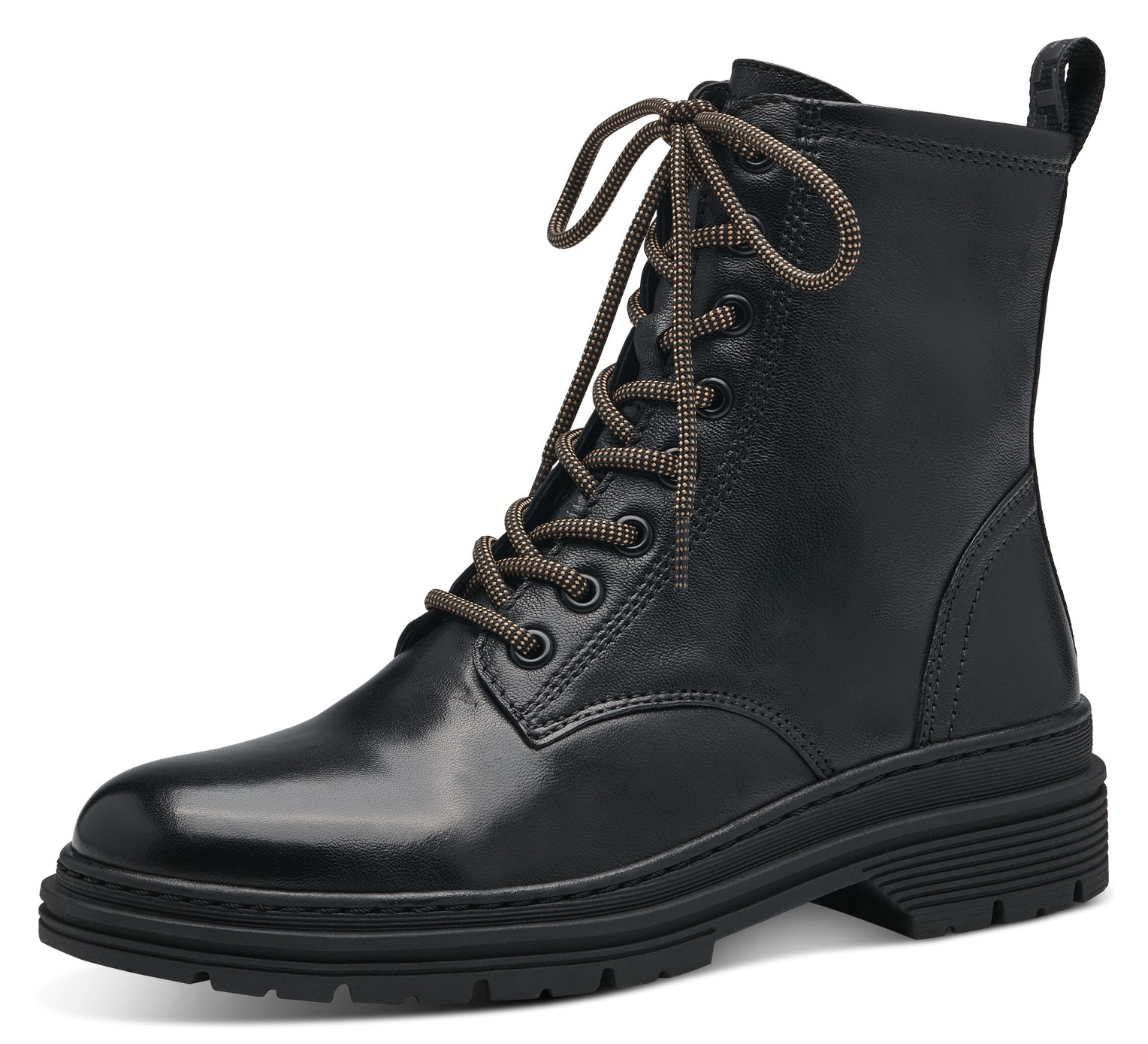 Schnürboots TAMARIS, Damen, Gr. 37, schwarz, Glattleder, Lederimitat, unifarben, Schuhe Schnürboots, Blockabsatz, Schnürstiefelette in angesagter Used Optik