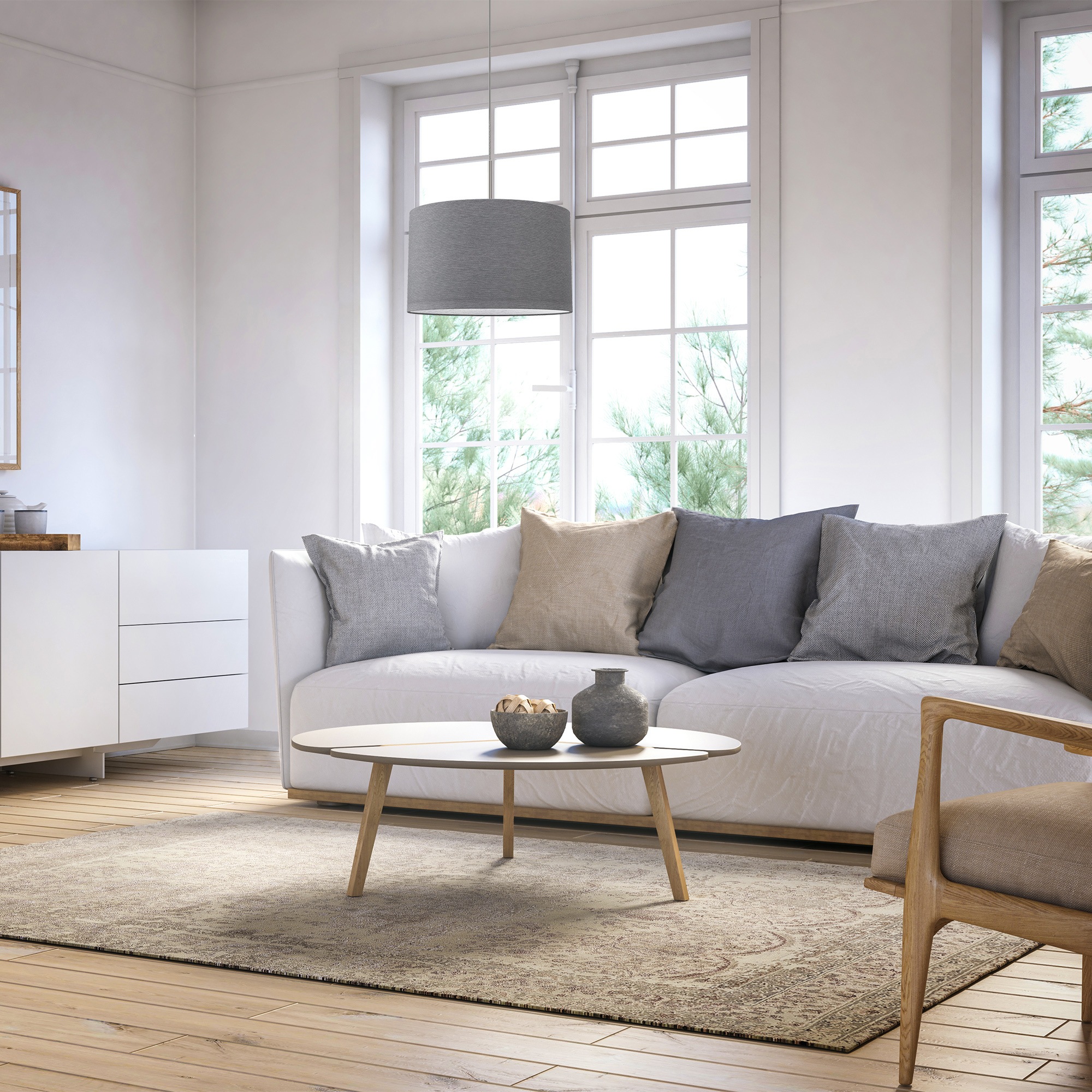 B.K.Licht LED Pendelleuchte, 1 flammig, Leuchtmittel E27 | ohne Leuchtmittel, Hängelampe, Textil Lampenschirm, Deckenlampe, Wohnzimmer, E27, grau