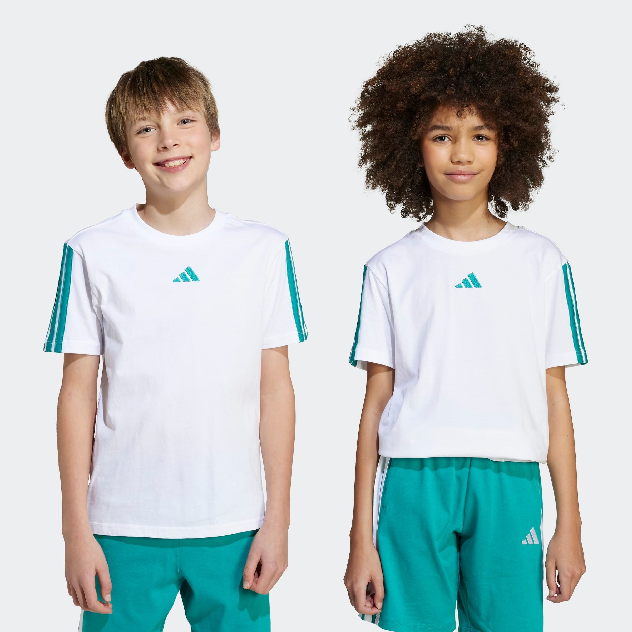 T-Shirt ADIDAS SPORTSWEAR "ESSENTIALS KIDS", Jungen, Gr. 176, weiß (weiß, pure teal), Obermaterial: 100% Baumwolle, normal, Rundhals, Shirts T-Shirt, sportlicher Stil, Rundhalsausschnitt, ohne Verschluss, für Kinder