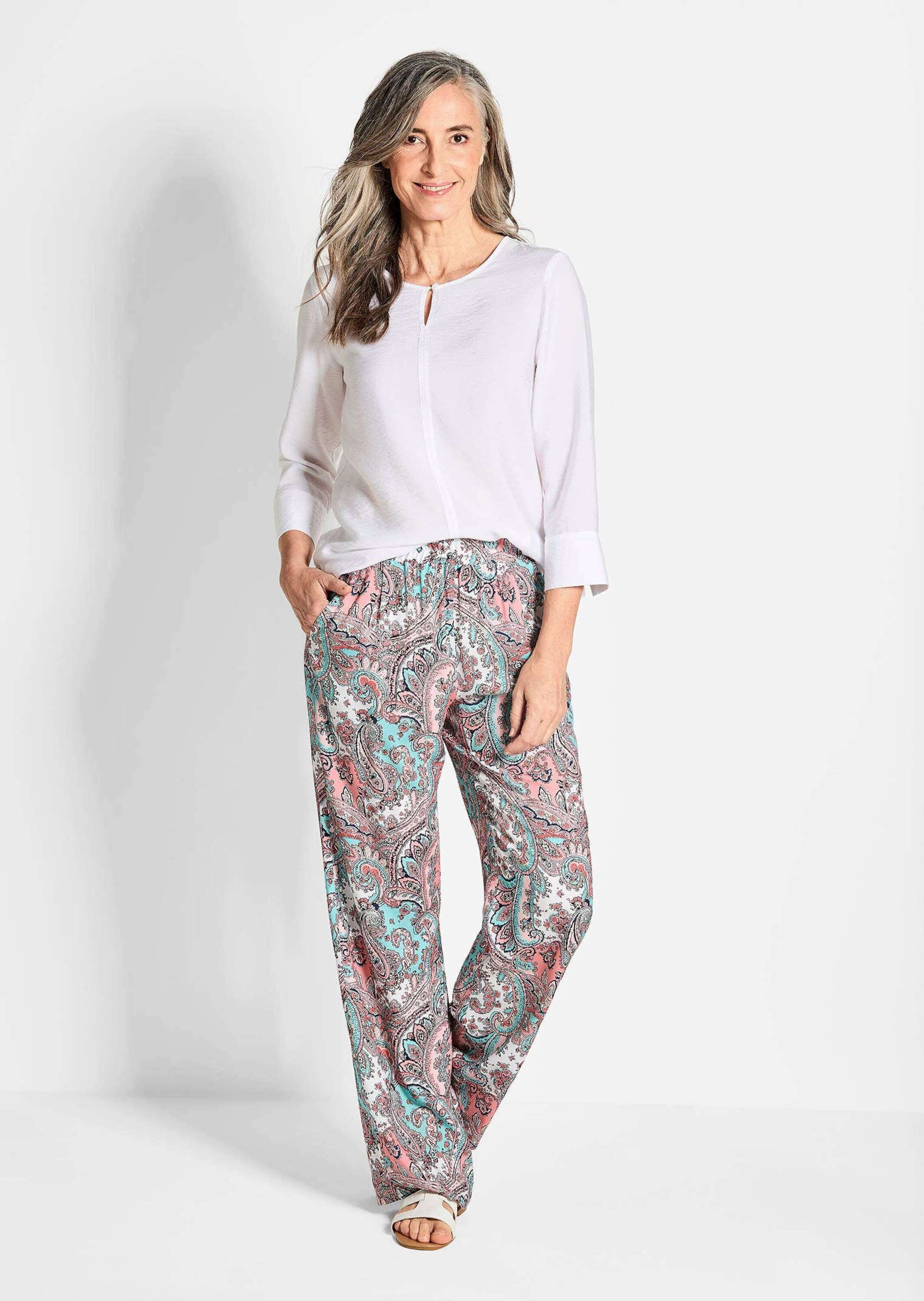 Stoffhose GOLDNER "Lange Viskose Schlupfhose mit Paisley-Print und weitem Bein", Damen, Gr. 50, N-Gr, rosa (rosé, gemustert), Obermaterial: 100% Viskose CV., Hosen Stoffhose 3