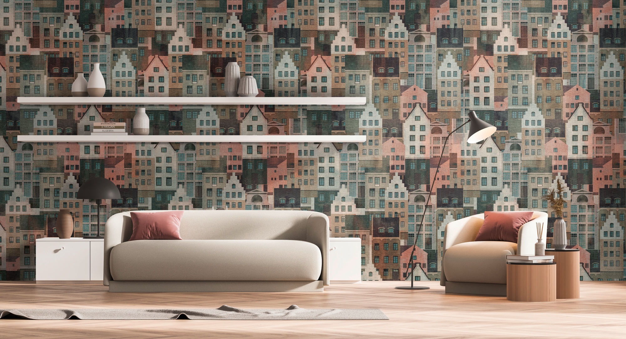 living walls Fototapete "Metropolitan Stories. Travel Styles. Tapete mit Gebäuden" gemustert matt neutral glatt Fototapete Skandinavisch Skandi-Stil Häuser Designtapete Tapeten Flur