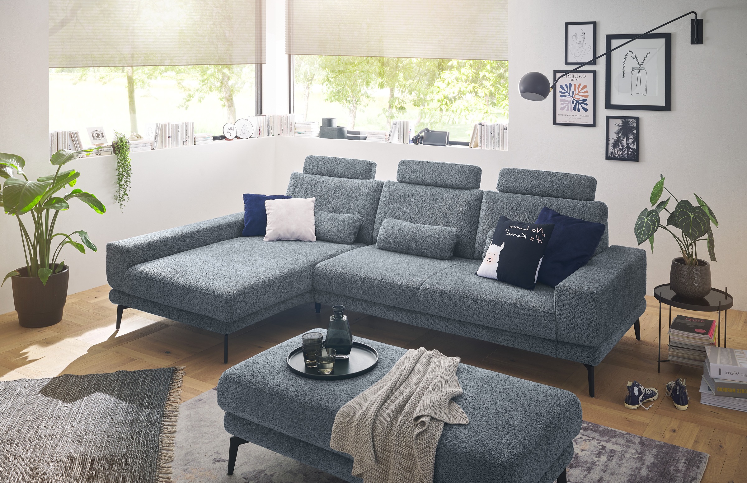 set one by Musterring Ecksofa »SO 3600, inkl motor. Sitztiefenverstellung, Kopfstützen, Nierenkissen«, Sitzhöhe 44 cm, Kaltschaum, Breite 293 x Tiefe 180 cm, Kama blue