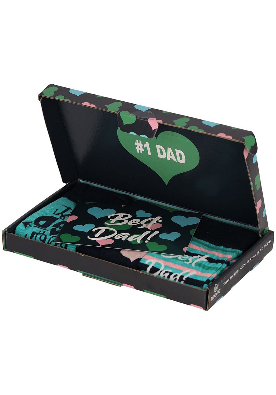 Apollo Socken »Geschenkbox Super-Dad oder Best Dad«, (3er Pack), verschiedenfarbige Designs, perfekt zum Vatertag oder Geburtstag