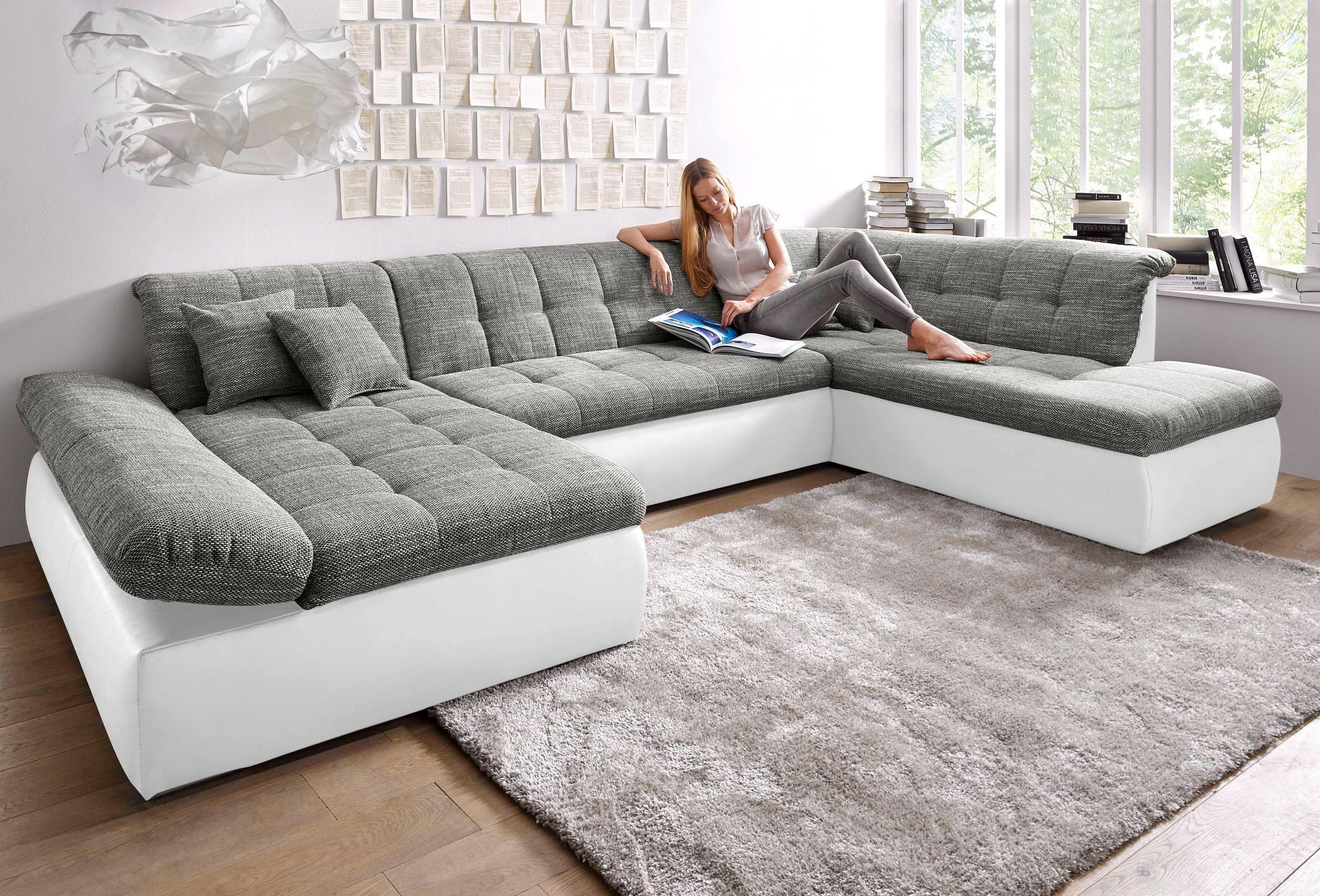 DOMO collection Wohnlandschaft "MORIC 353x216x80 cm, mit viel Platz, U-Form, auch in Cord" im XXL-Format, wahlweise mit Bettfunktion und Armlehnenverstellung