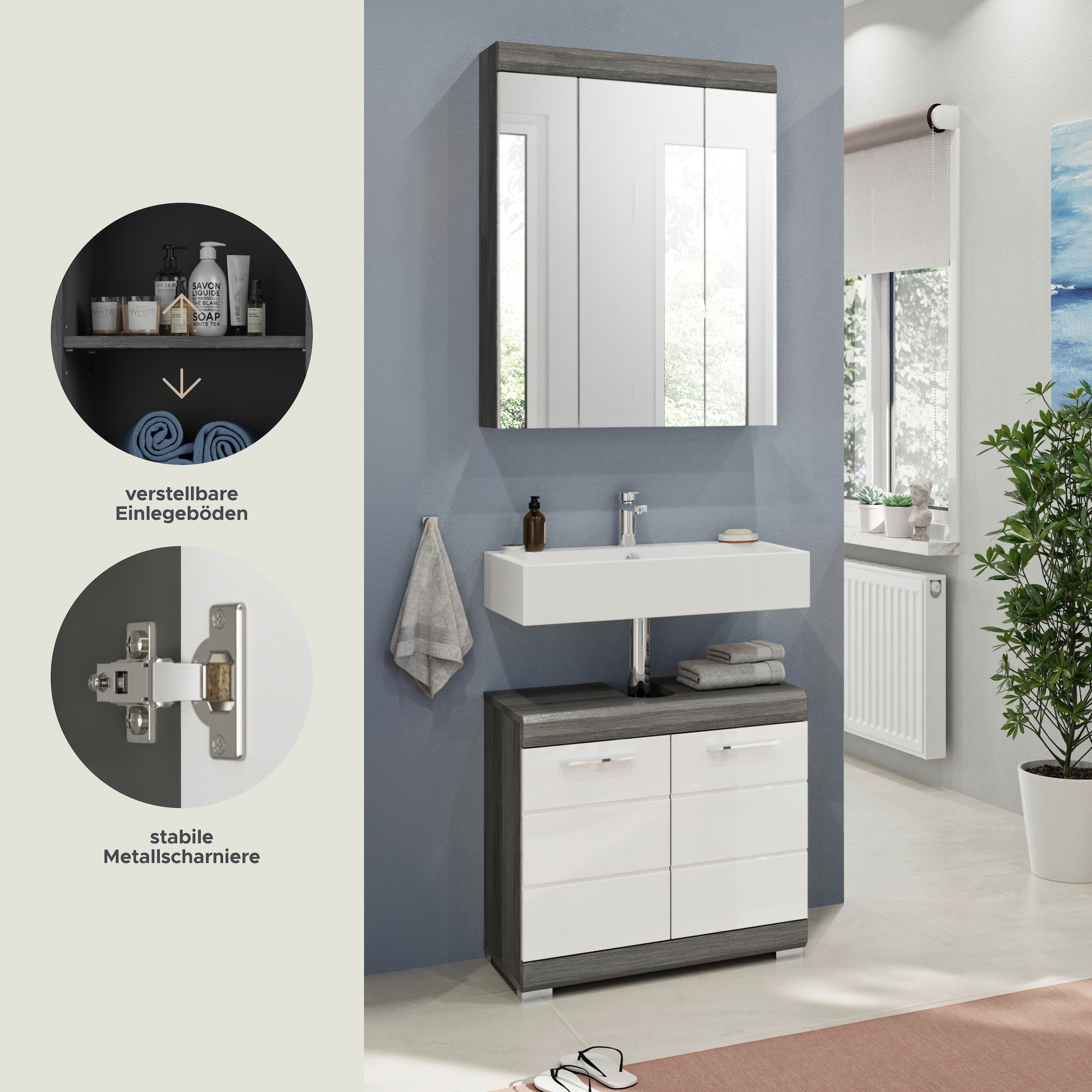 INOSIGN Badmöbel-Set »Siena, 2 tlg., bestehend aus: Waschbeckenunterschrank, Spiegelschrank«, (Set, 2 St.), in verschiedenen Farben erhältlich, Badmöbel, Kombination, Badezimmer