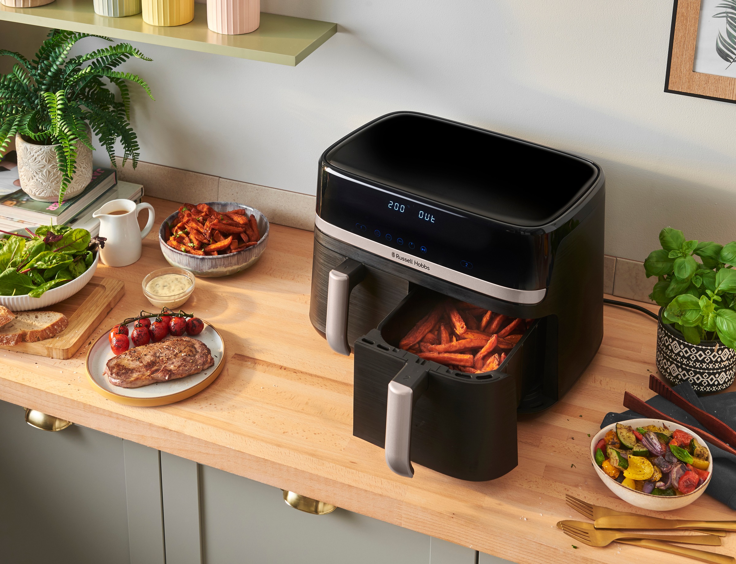 RUSSELL HOBBS Heißluftfritteuse »27680-56 s SatisFryTM Dual basket, 4,5L«, 2800 W, Fassungsvermögen 9 l, Airfryer–wenig oder kein Öl erforderlich, 9 Programme, 4,5 L