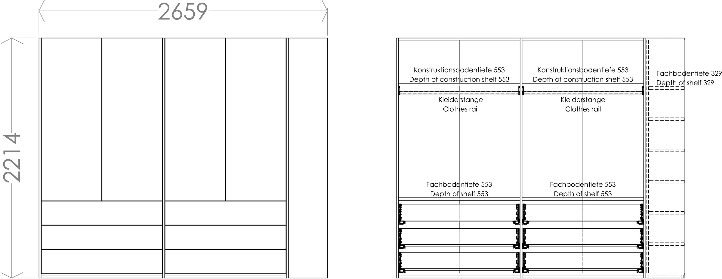 Müller SMALL LIVING Kleiderschrank »Modular Plus Variante 4«, 6 Schubladen,  Anbauregal wahlweise links oder rechts montierbar | BAUR