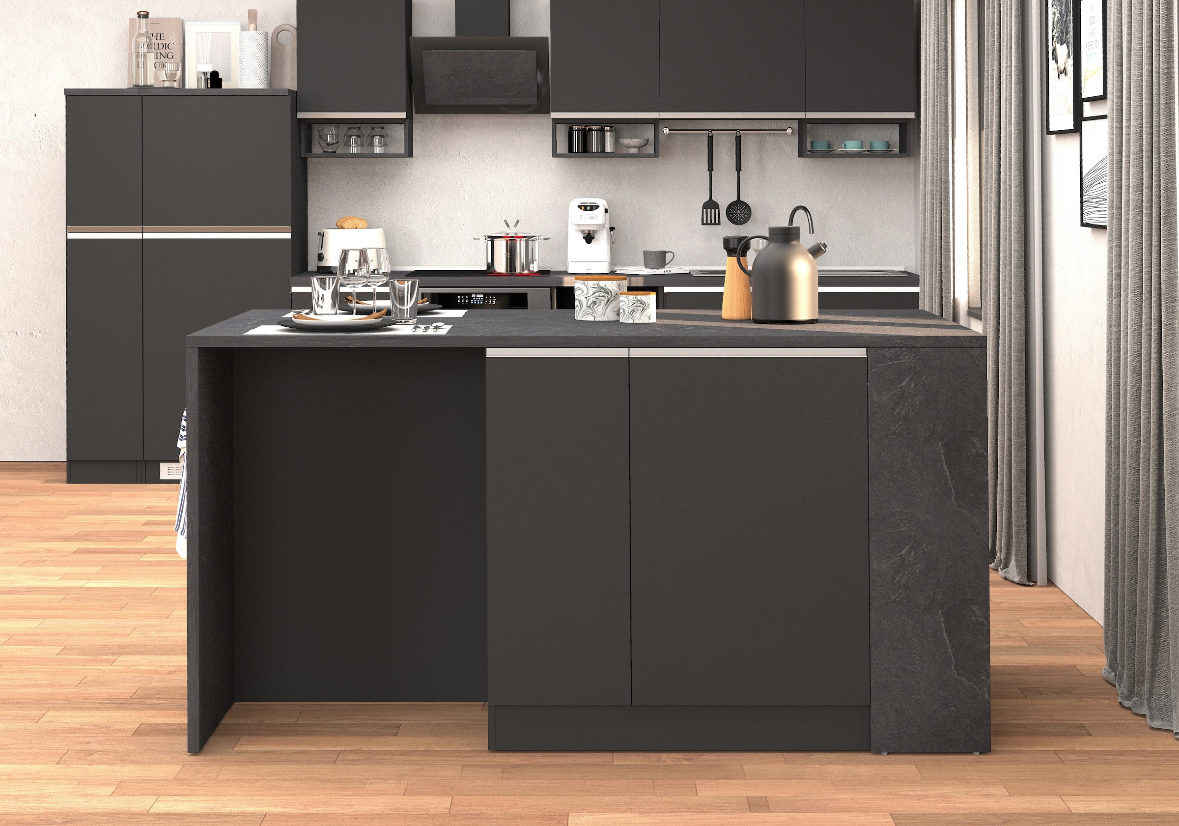 KOCHSTATION Kücheninsel »KS-Sole, Kochinsel, Küchenarbeitsblock, Arbeitsinsel, Made in Italy« Breite 167,5 cm, 2 Apothekerauszüge, 2 Essplätze, 1 offenes Regal