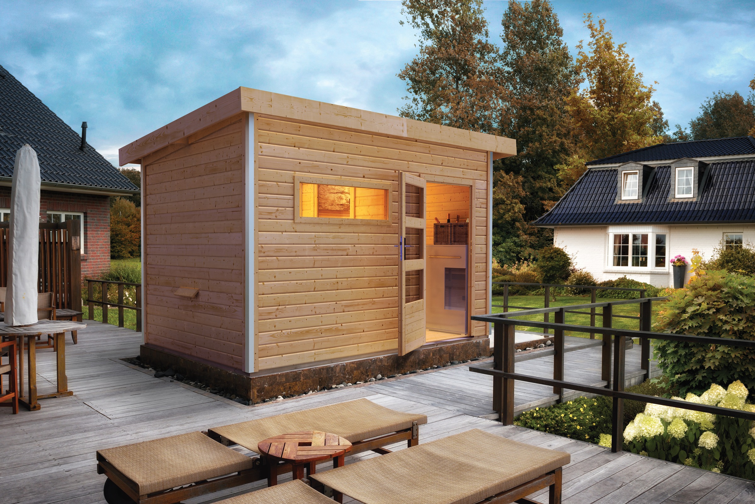 KARIBU Saunahaus "»Simon 2« mit moderner Tür, naturbelassen", Saunaofen, externe Steuerung, (ohne Ofen), beige, Garten, Saunen, Mit 9 kW Ofen Bio und