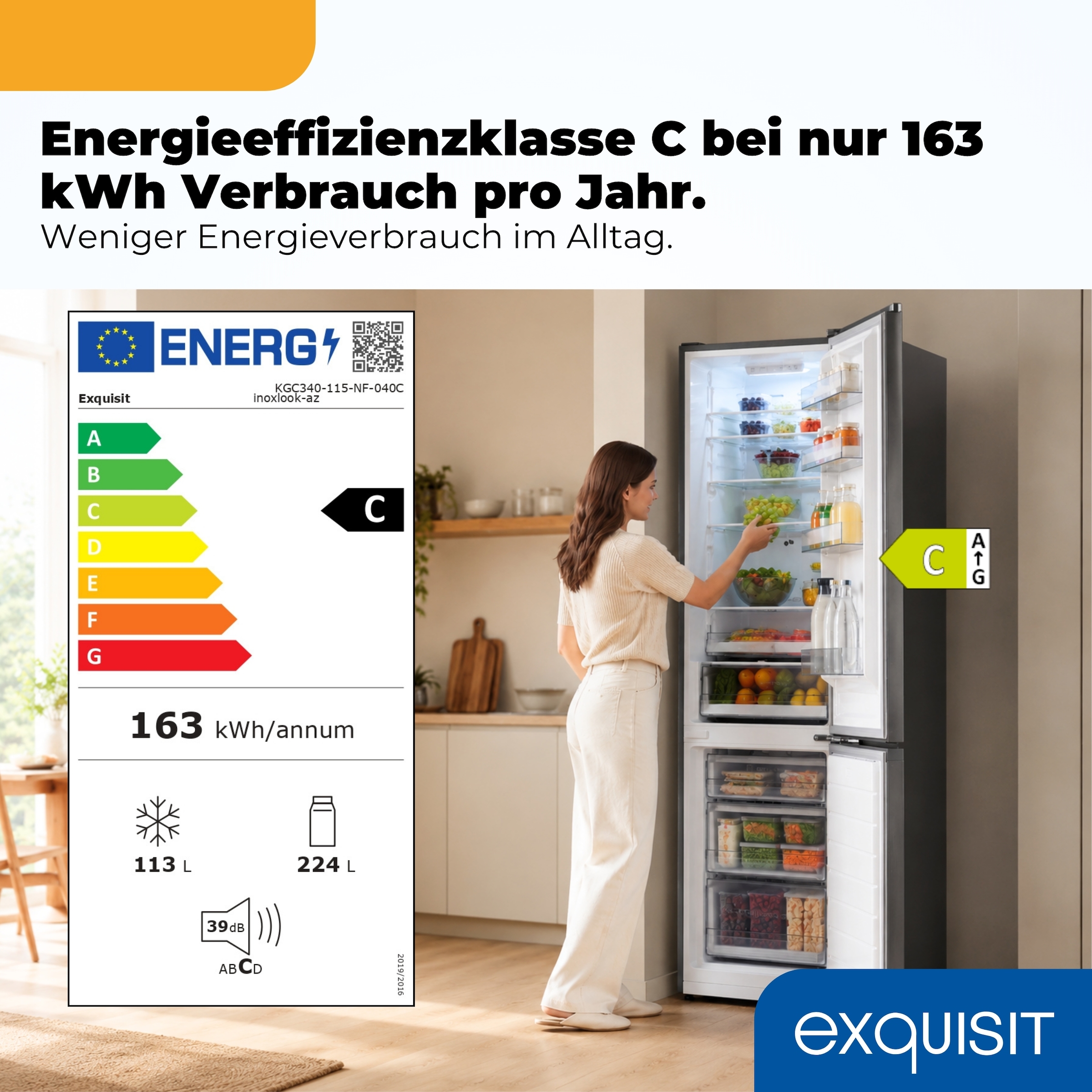 exquisit Kühl-/Gefrierkombination »KGC340-115-NF-040C inoxlook-az« 186 cm hoch 59,5 cm breit NoFrost Technologie für dauerhaft eisfrei ohne Abtauen