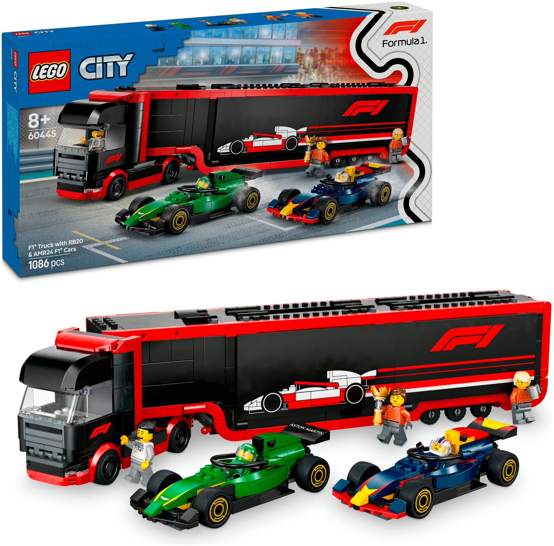 LEGO® Konstruktionsspielsteine »F1® Transporter mit RB20 & AMR24 F1® Rennautos (60445), LEGO...