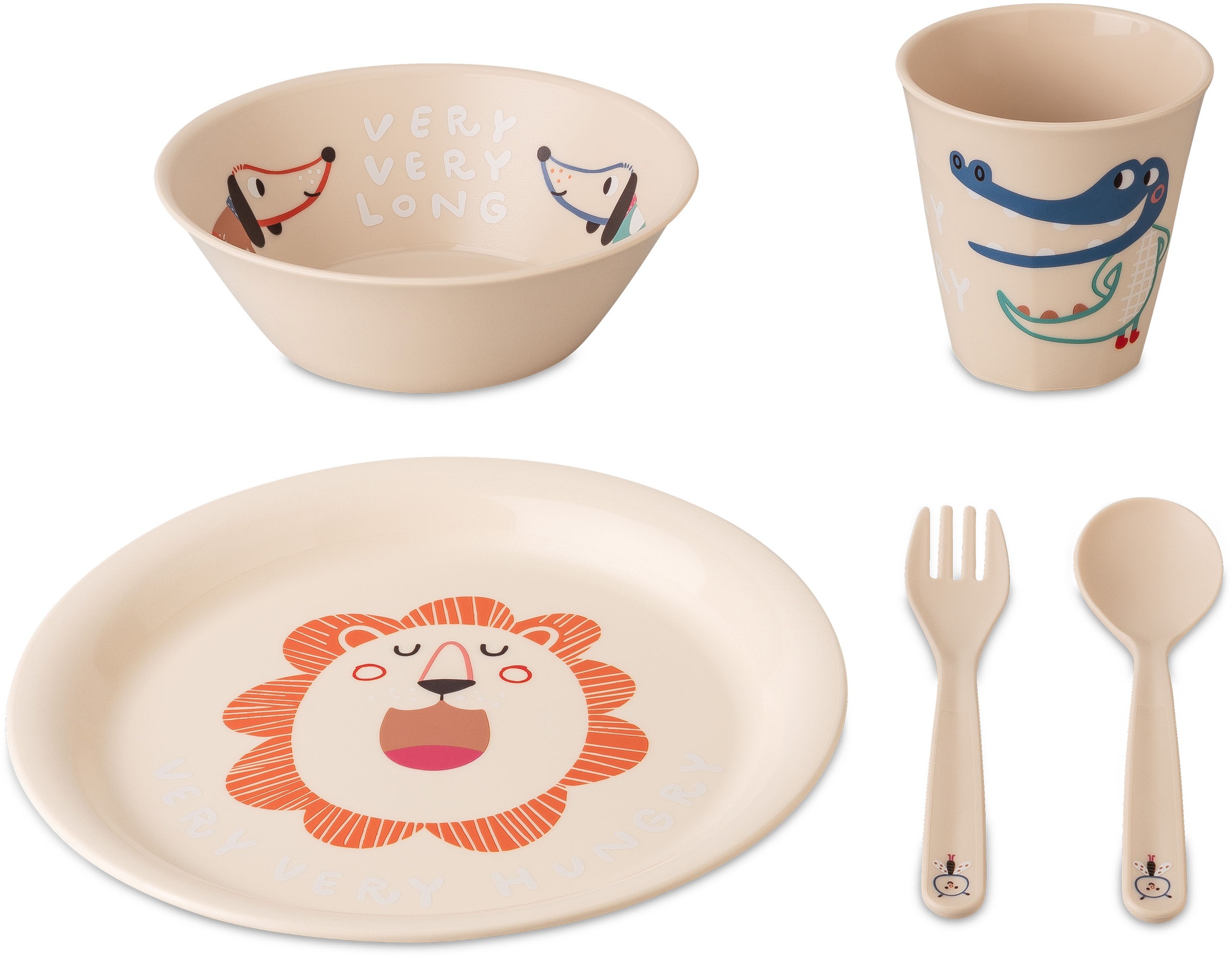 KOZIOL Kindergeschirr-Set "Very Very at Home", 4 Stk., beige, Geschirr-Sets, (Teller, Schale, Becher, Besteckset), melaminfrei