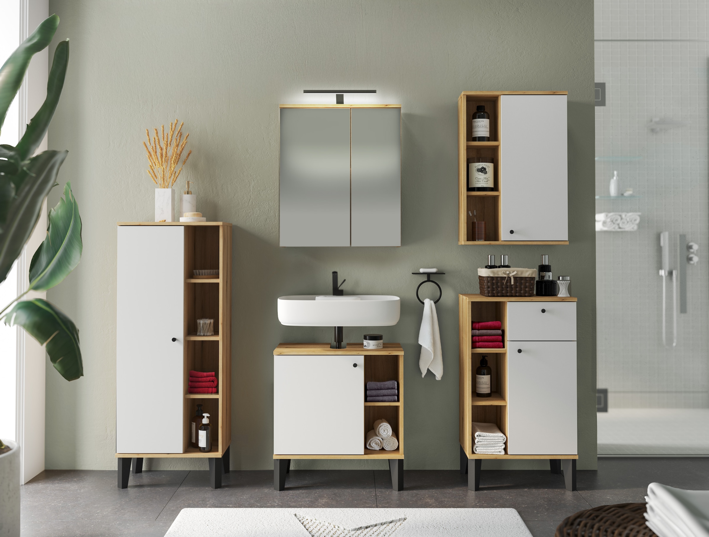 INOSIGN Badmöbel-Set »OSLO, Bad im skandinavischen Design, 5-teiliges Badezimmer«, (Set, 5 St.), Badschränke und Spiegel, in zwei Farben verfügbar, viel Stauraum