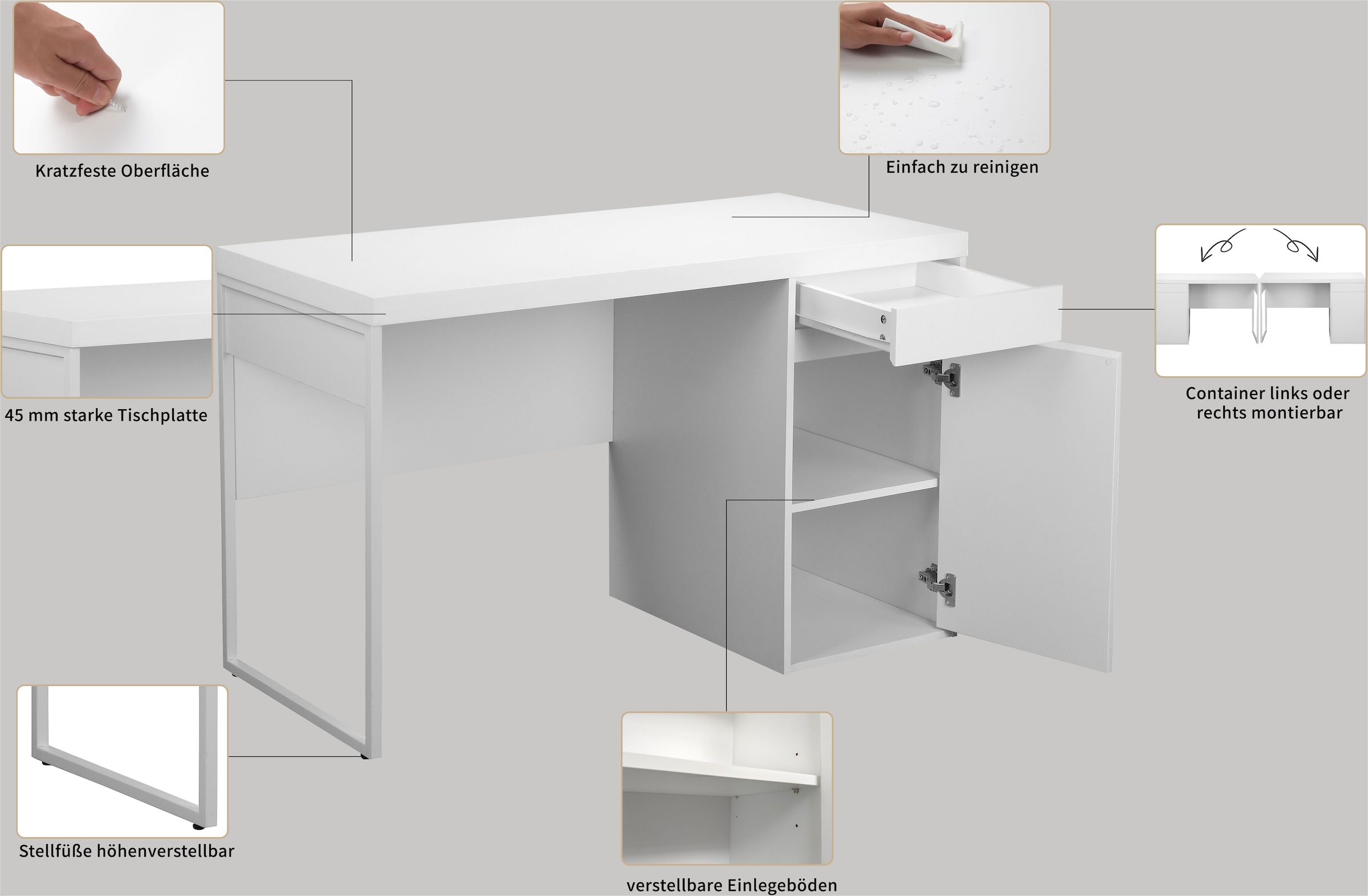 INOSIGN Schreibtisch »Oakley«, (mit 45 mm starker Tischplatte), Schublade, Metallkufe, spiegelverkehrt montierbar, Breite 120 cm