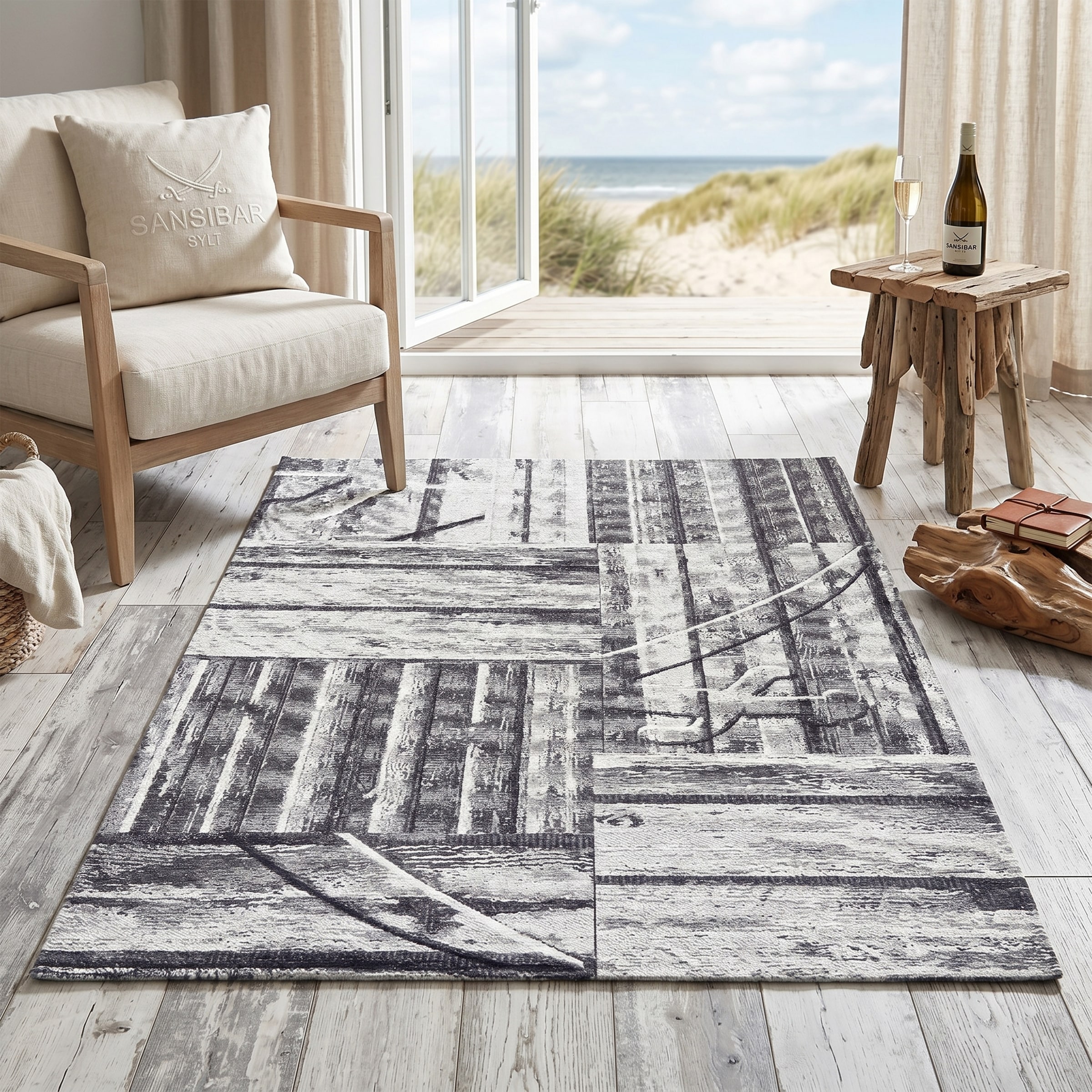 Sansibar Teppich "Keitum 010" rechteckig 3 mm Höhe Flachgewebe, modernes Holz Design, Motiv, gekreuzte Säbel