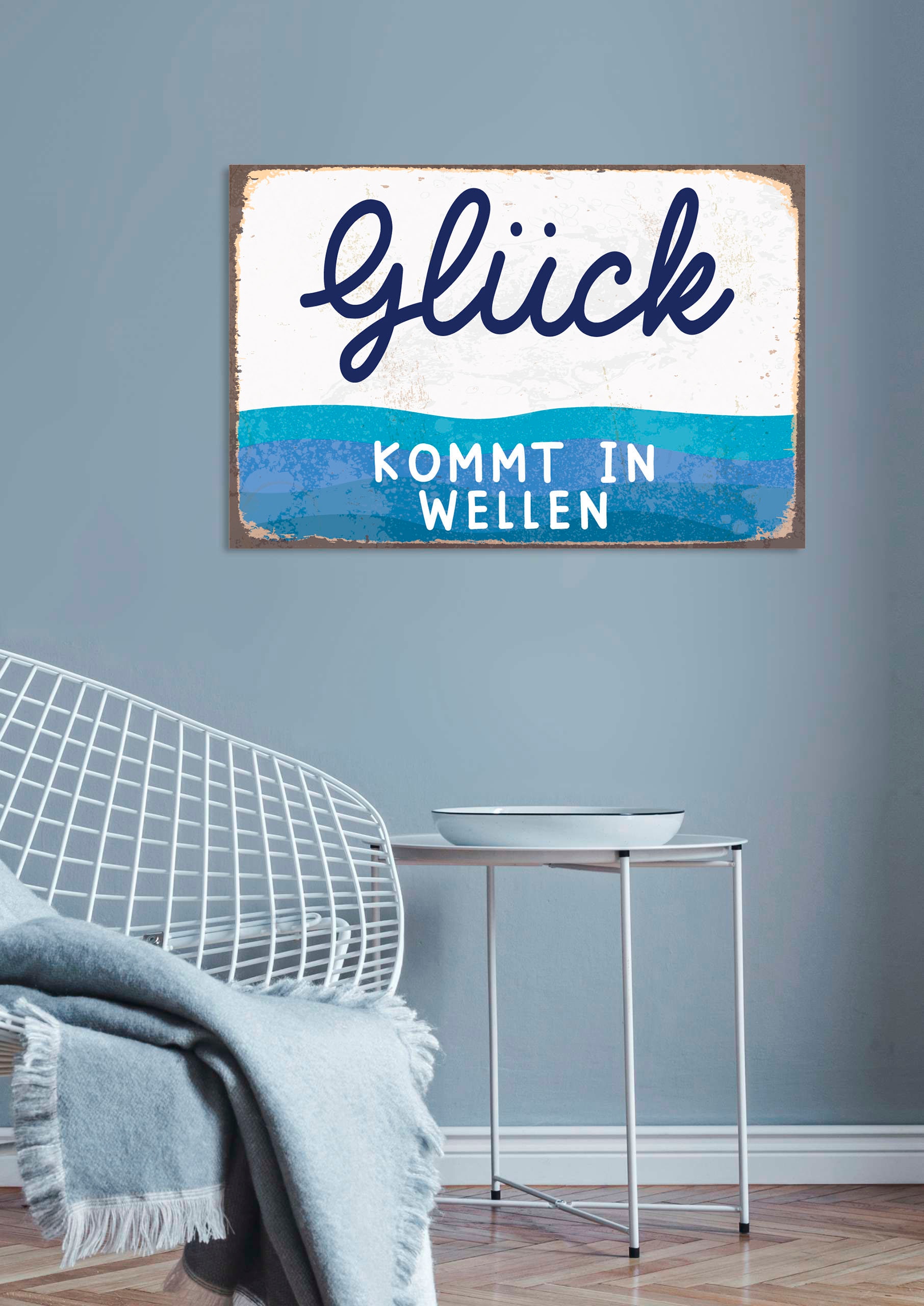 queence Metallbild "Glück kommt in Welle", Schriftzüge-Schriftzug-Meer, (1 günstig online kaufen