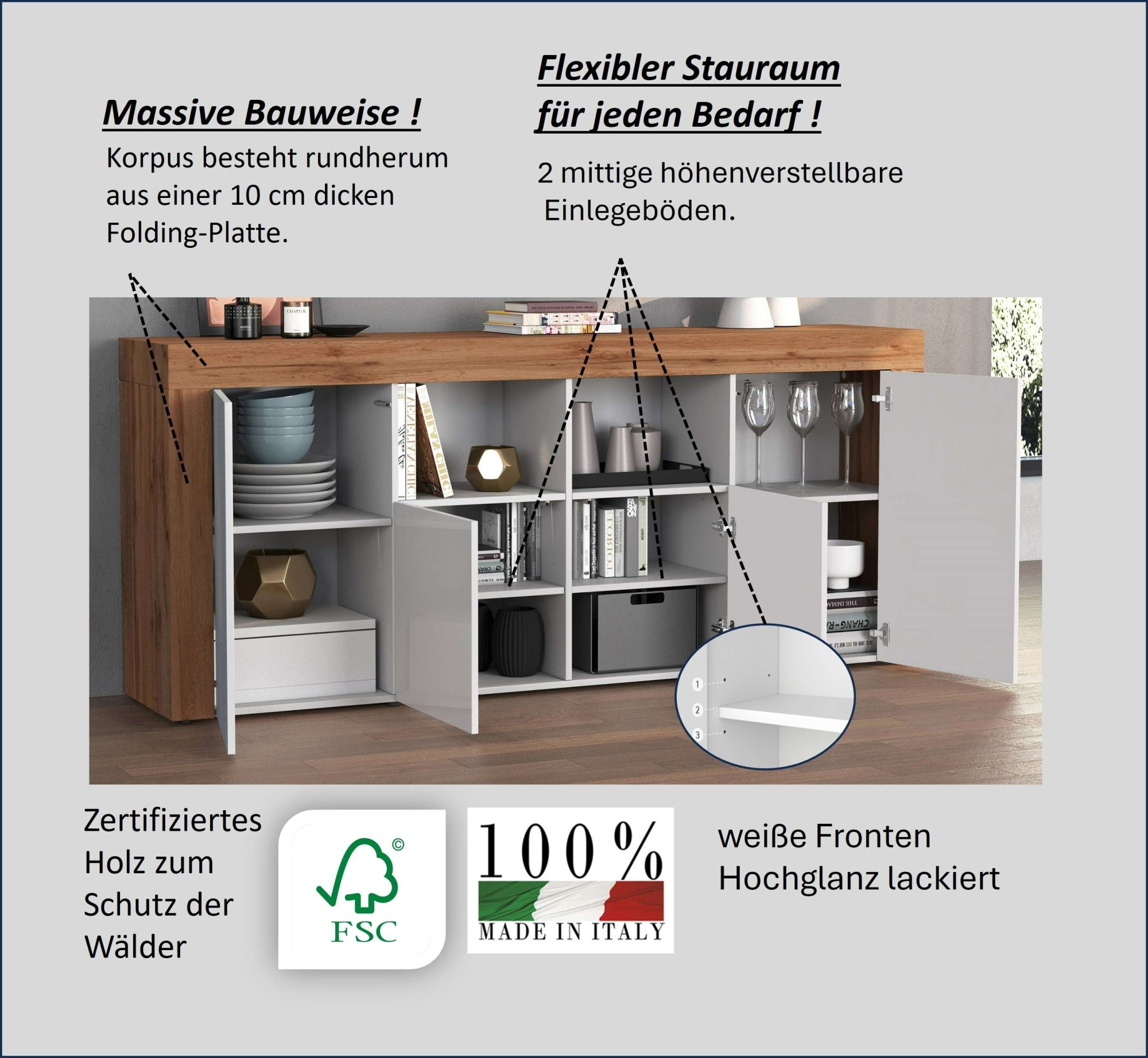 INOSIGN Sideboard »CHRONOS Breite 200 cm mit 4 Türen, 2 offene und 8 geschlossene Fächer«, (1 St.), Sideboard,Kommode, Schrank, Grifflos mit Push to Open, Made in Italy