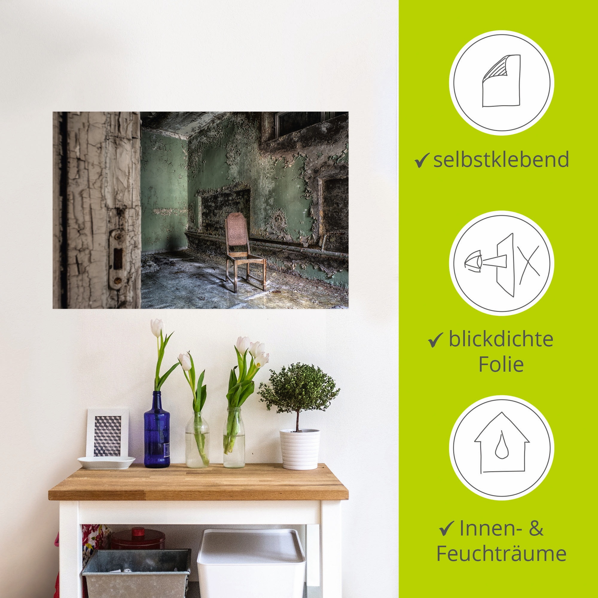 Artland Wandbild »Lost Place - einsamer Stuhl«, Fenster & Türen, (1 St.), als Alubild, Outdoorbild, Leinwandbild, Poster, Wandaufkleber