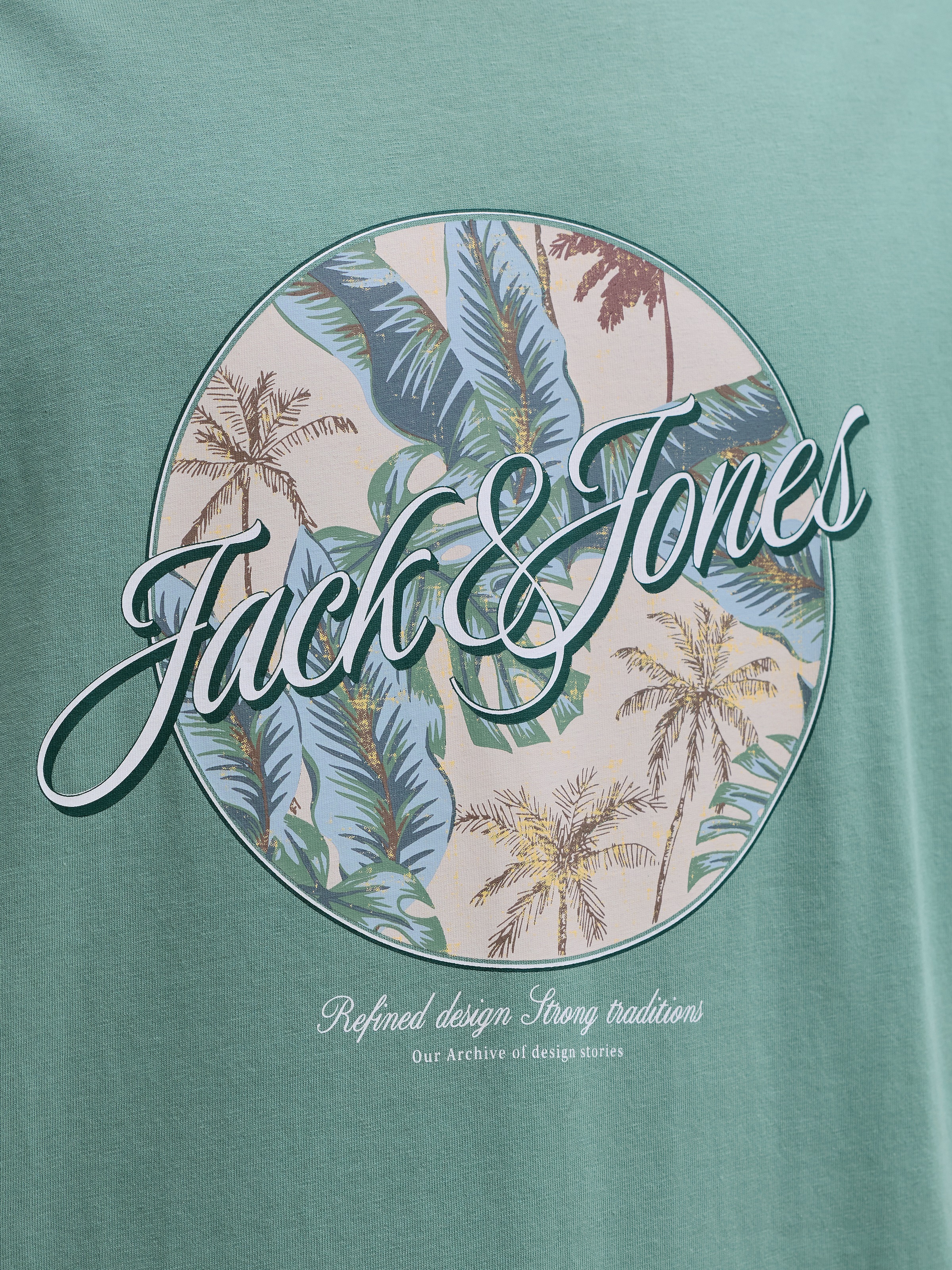 Rundhalsshirt "JJHONOLULU SHAPE TEE SS CREW NECK PLS", Damen, Gr. 3XL, mineral blau, Jersey, Obermaterial: 100% Baumwolle, JACK & JONES PLUSSIZE, bedruckt, regular fit normal, Rundhals, Shirts Rundhalsshirt 3