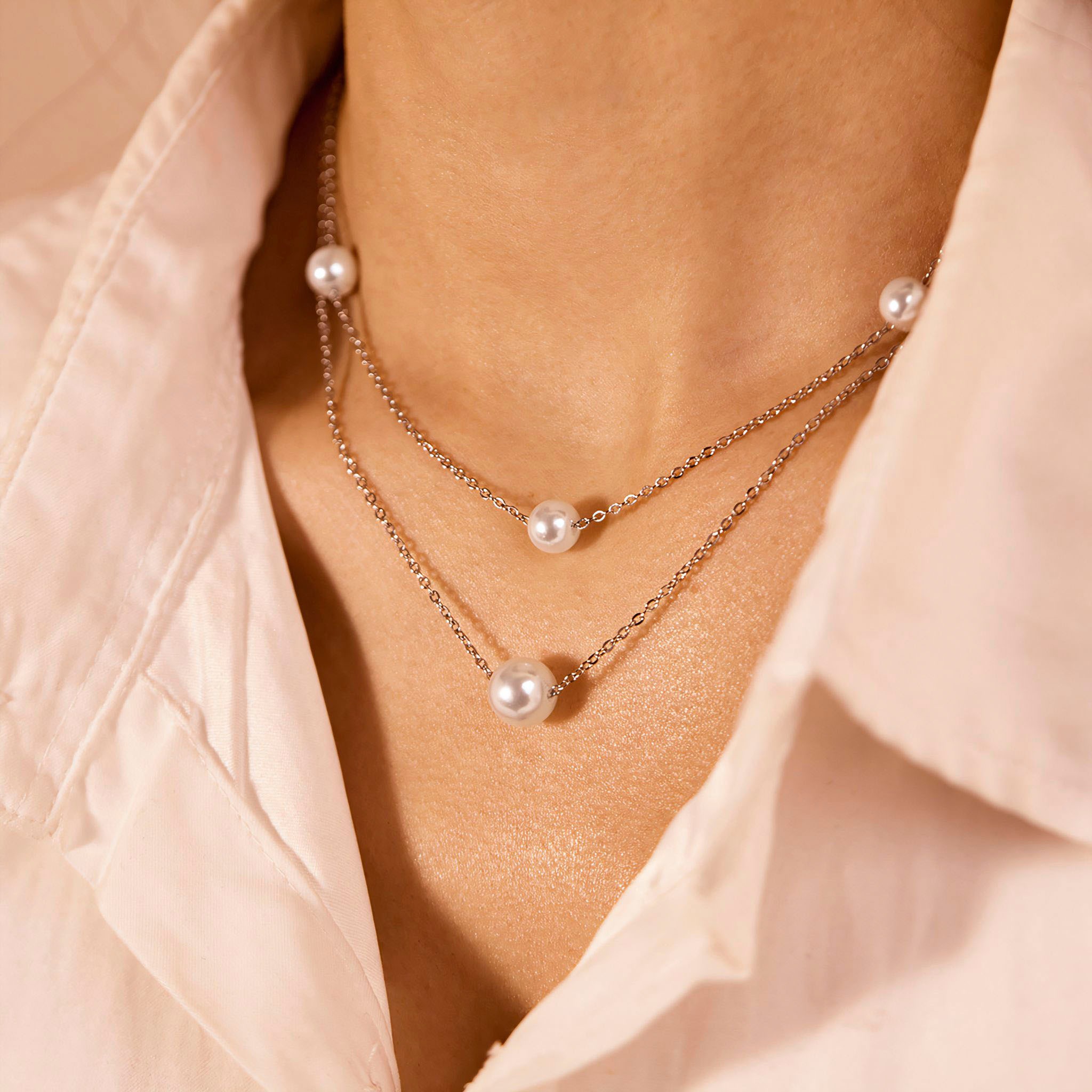 Firetti Kette mit Anhänger »Schmuck Geschenk Edelstahl Halsschmuck Halskette Layer doppelreihig«, mit Perle (synth.)