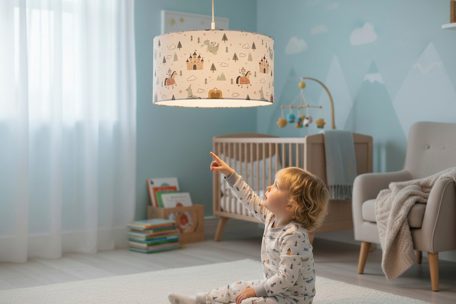 niermann Hängeleuchte »Stoff-Pendelleuchte mit Motiv "Ritter Theo", Kinderzimmer, Kinderlampe« E27 1 Stk. Stoffschirm, höhenverstellbare Pendelaufhängung, Made in Germany