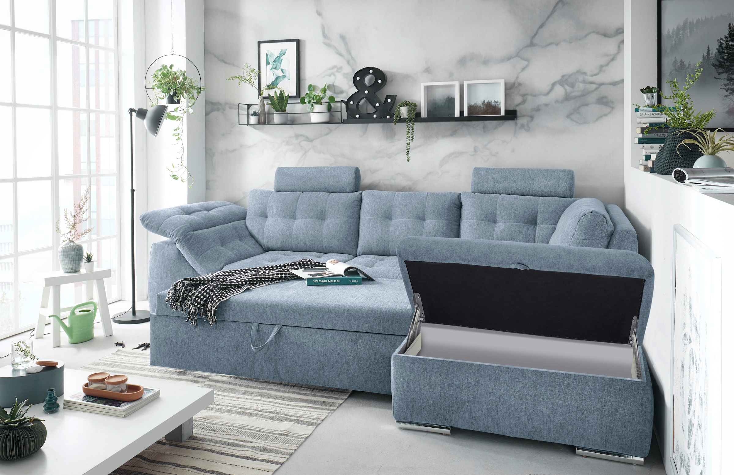 ED EXCITING DESIGN Ecksofa Oman, mit Bettfunktion, Bettkasten, Armteilverstellung und  Kopfstützen