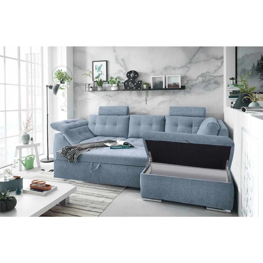 ED EXCITING DESIGN Ecksofa Oman, mit Bettfunktion, Bettkasten, Armteilverstellung und  Kopfstützen