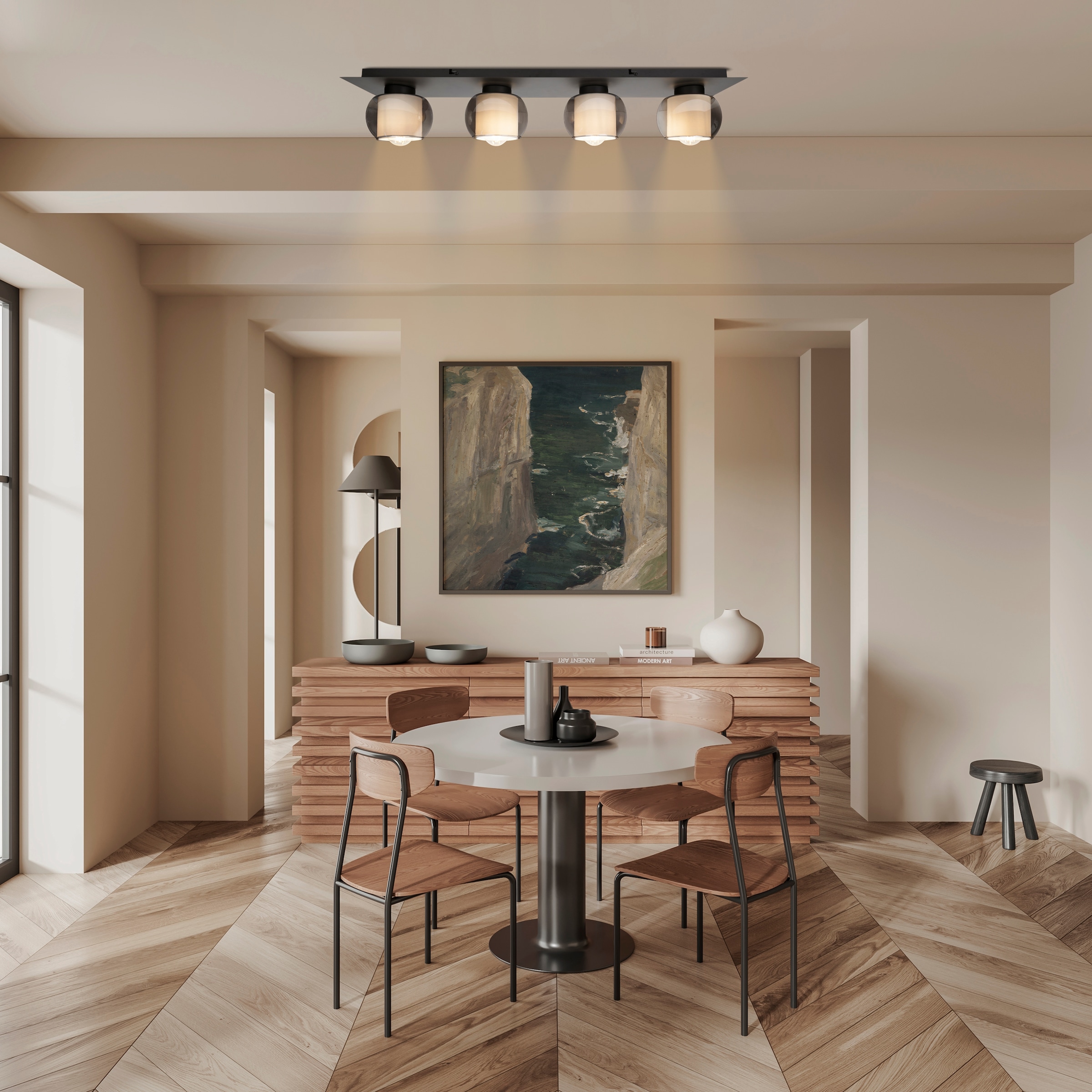 OTTO home Deckenleuchte »Tanissa« E27 1 Stk. eckig, 4 kugelförmige Rauchglas-Schirme innen mit Stoff, 4x E27 exkl.