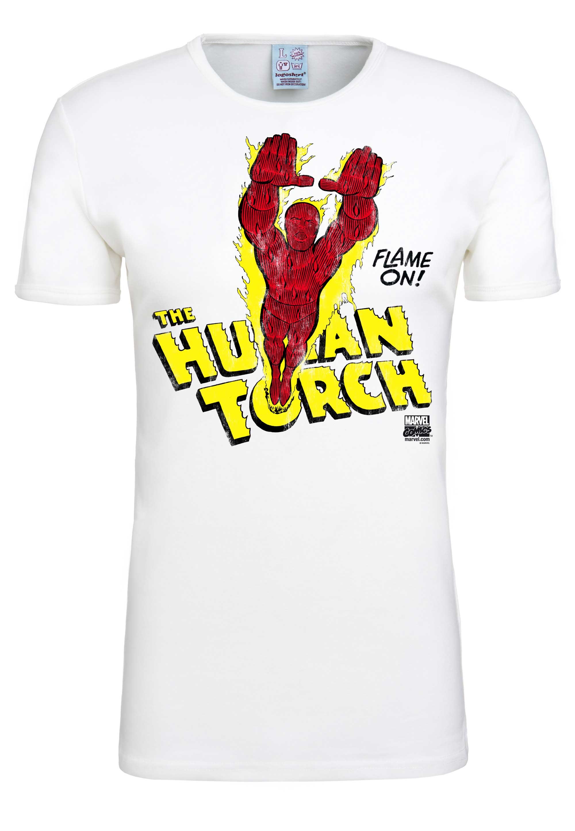 LOGOSHIRT T-Shirt »Human Torch Flame On«, mit coolem Heldenmotiv