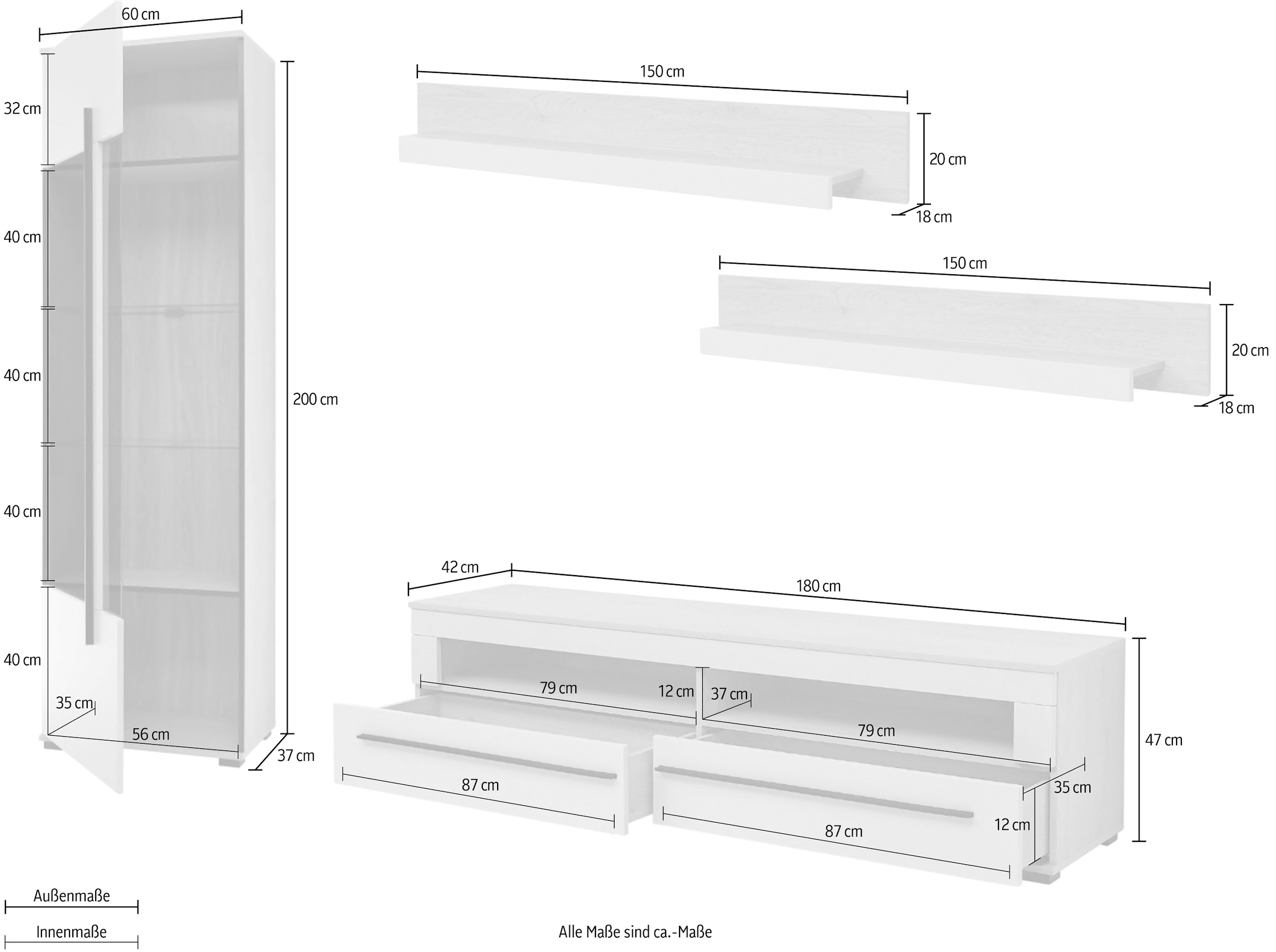 Home affaire Wohnwand »Cantara, Anbauwand, Wohnzimmer-Set, in Eiche Evoke, Weiß oder Kaschmir« Set, 