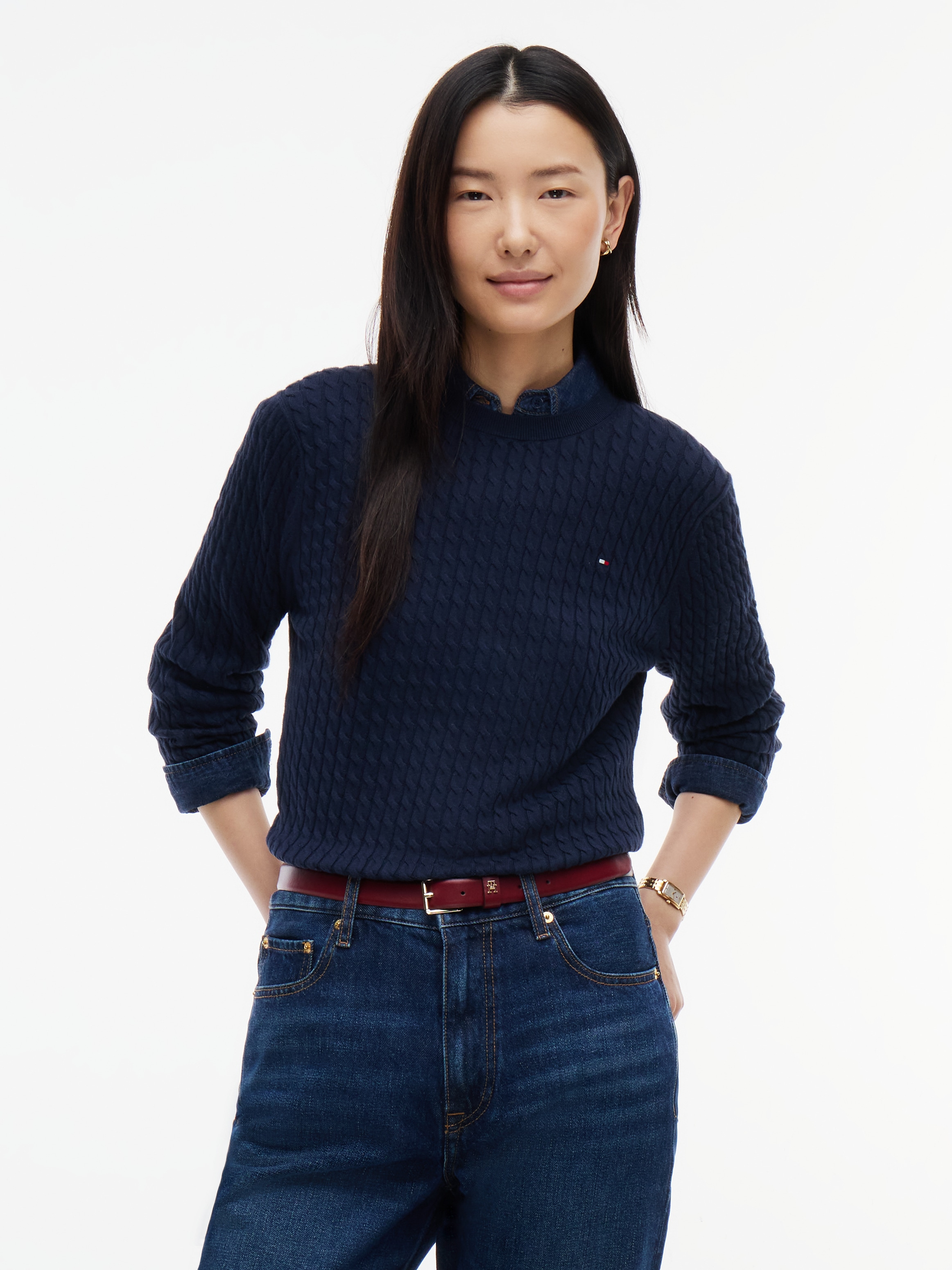 Tommy Hilfiger Rundhalspullover "CO CABLE C-NK LS SWEATER" Baumwolle, mit Zopfmuster, Regular Fit