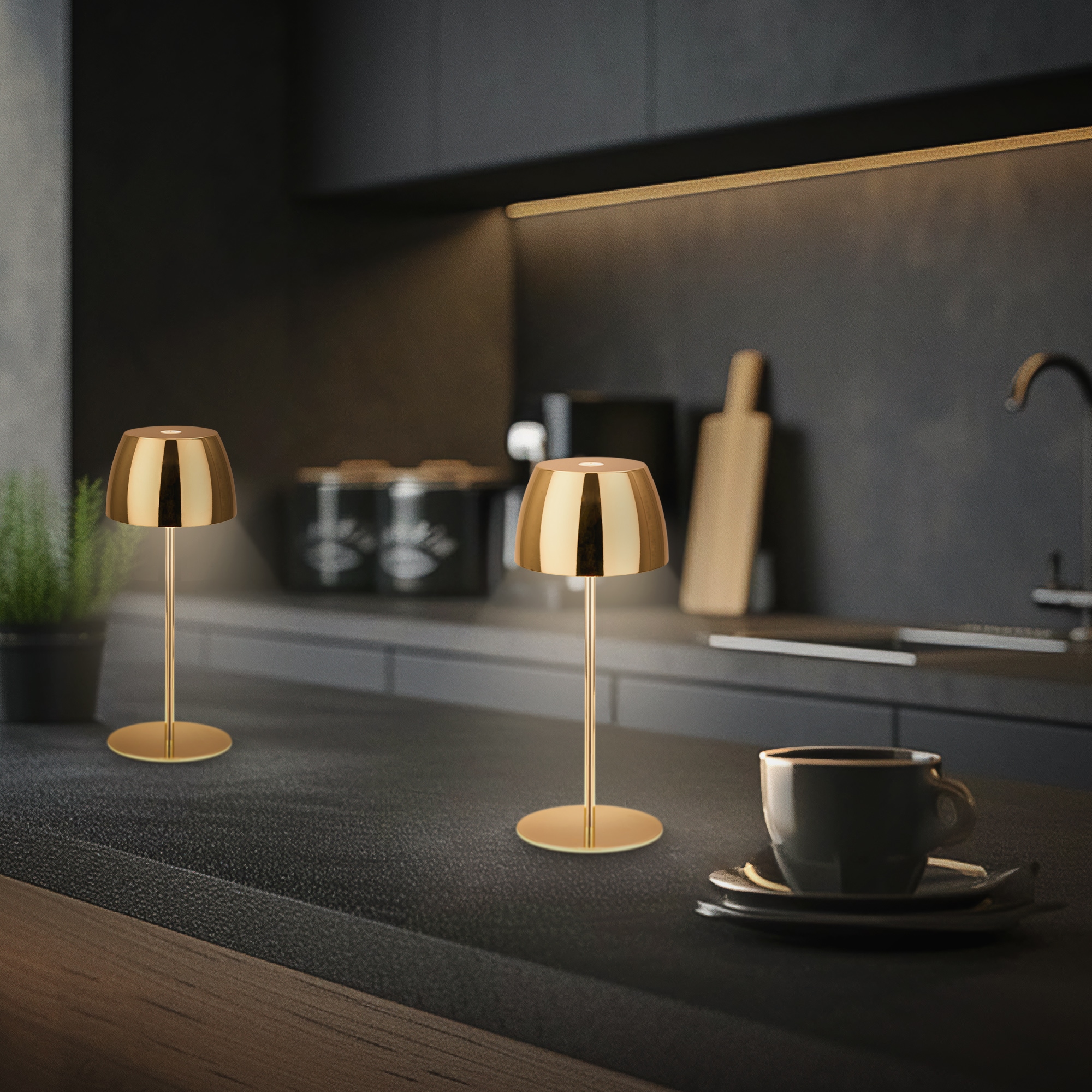 Briloner Leuchten LED Außen-Tischleuchte »SERINA MINI« LED-Modul 2 Stk. Warmweiß kabellos 20 x 8 cm Goldfarbig 2,5W Wohnzimmer Schlafzimmer 2er-Set