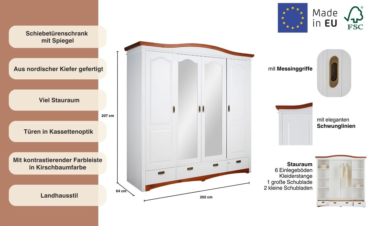 Home affaire Schiebetürenschrank »Konrad, Landhausstil, rustikal, mit Schubladen + Spiegel, Kassetten«, (3 Breiten: 153/202/249 cm H/T ca.207/64 cm), massive Kiefer, FSC®-zertifiziert, Messinggriffe, mehrere Varianten