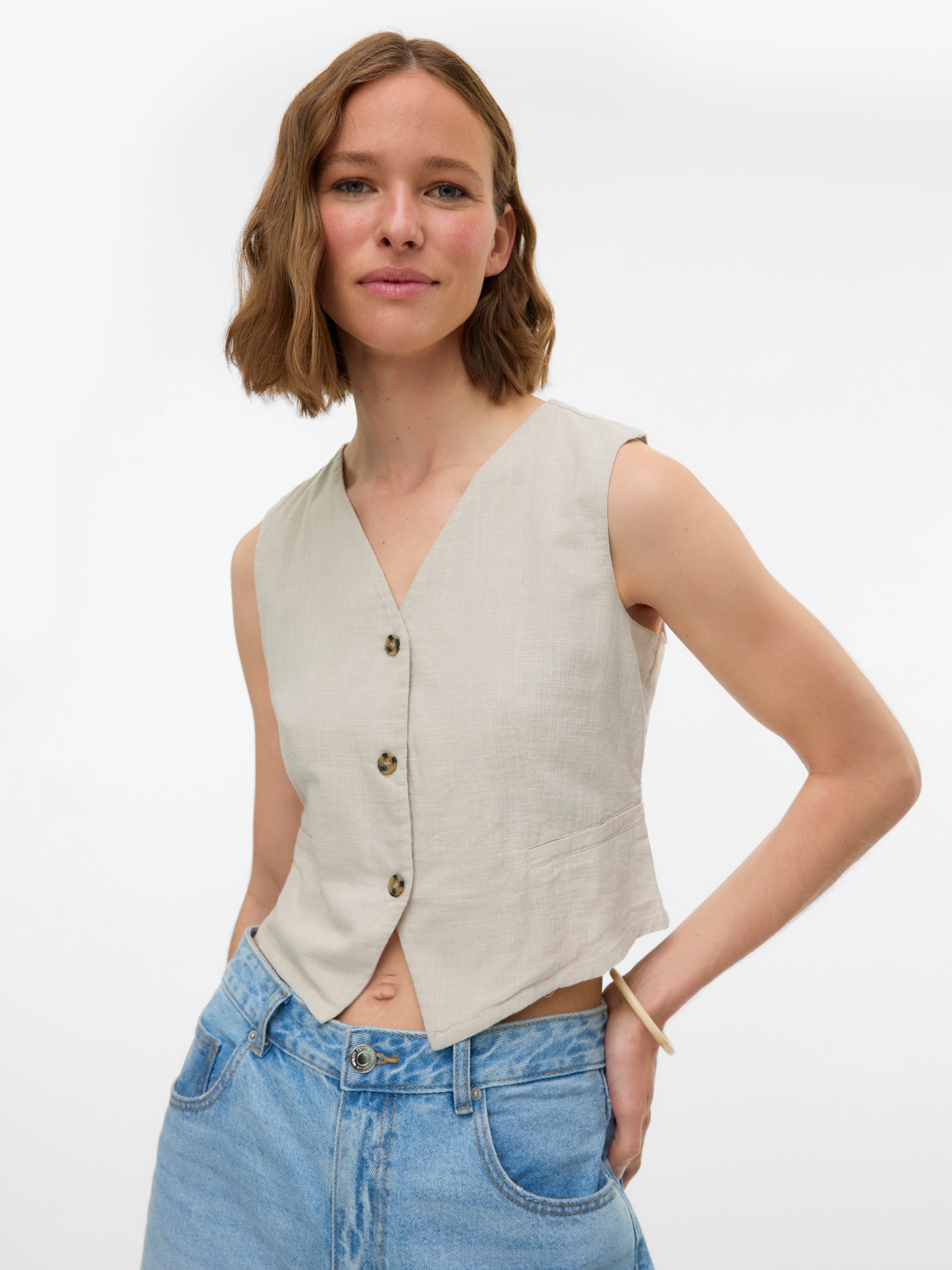 Vero Moda Kurzweste "VMCAIA SL VEST WVN NOOS" Baumwolle mit Leinen, figurbe günstig online kaufen
