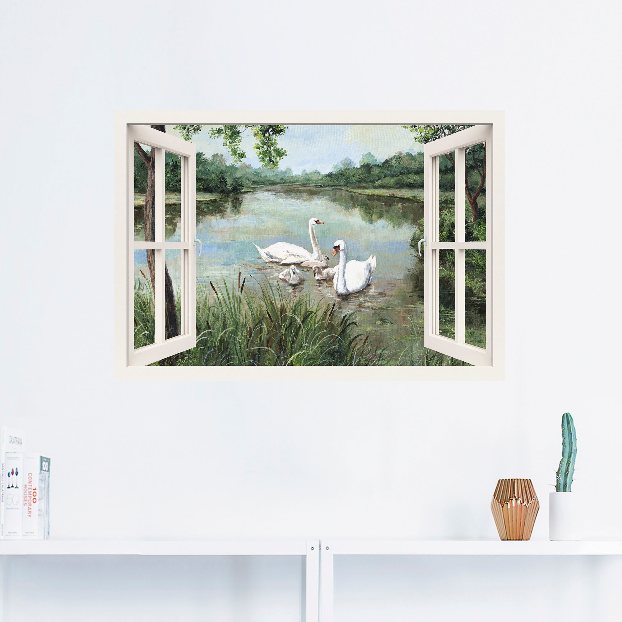 Artland Wandbild »Fensterblick - Schwäne«, Vögel, (1 St.), als Alubild, Outdoorbild, Leinwandbild, Wandaufkleber, versch. Größen