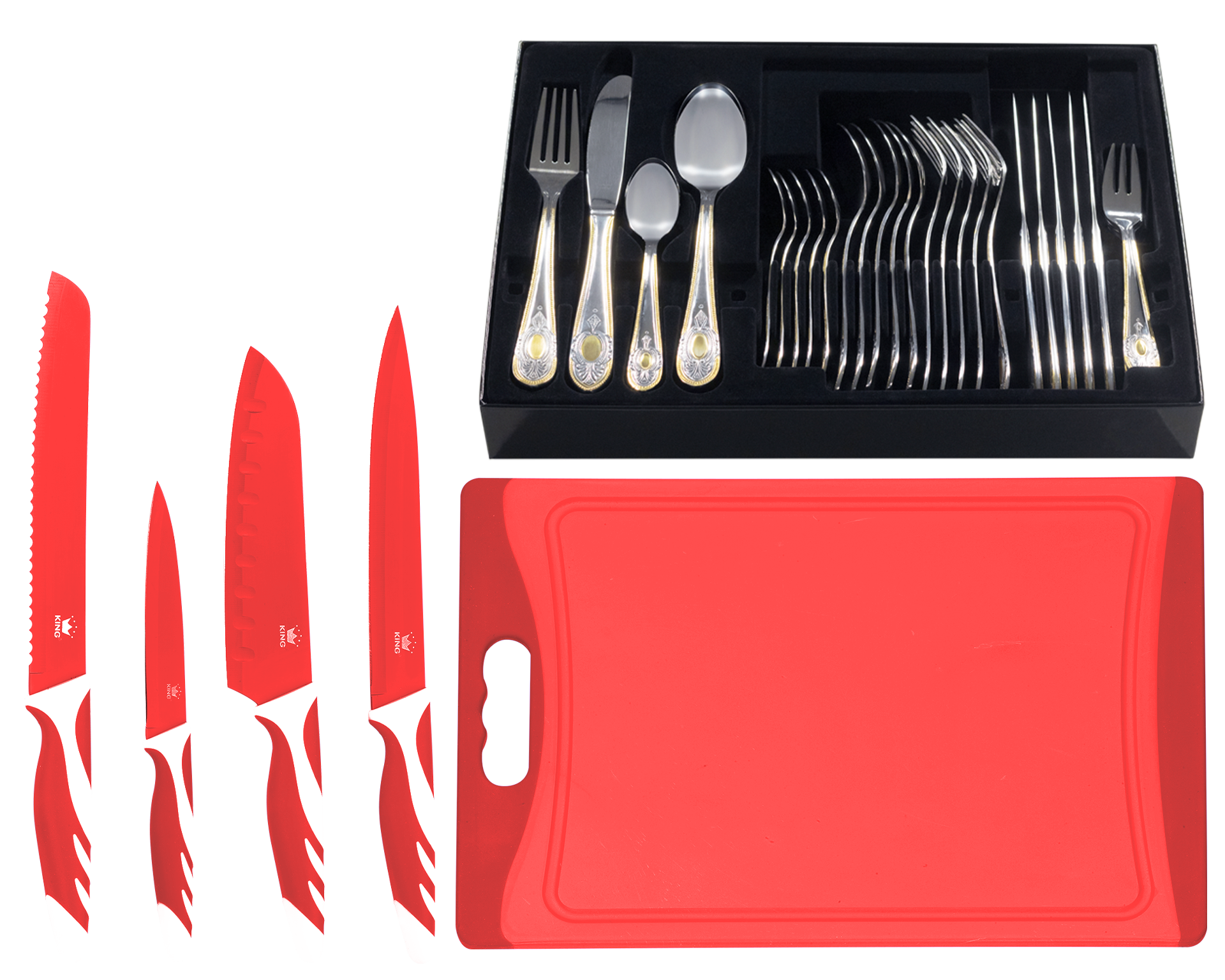 KING Besteck-Set ""BAS GOLD"" mit Dekor in Gold-Optik, inkl. Etui, 4 Küchenmesser, 1 Schneidebrett