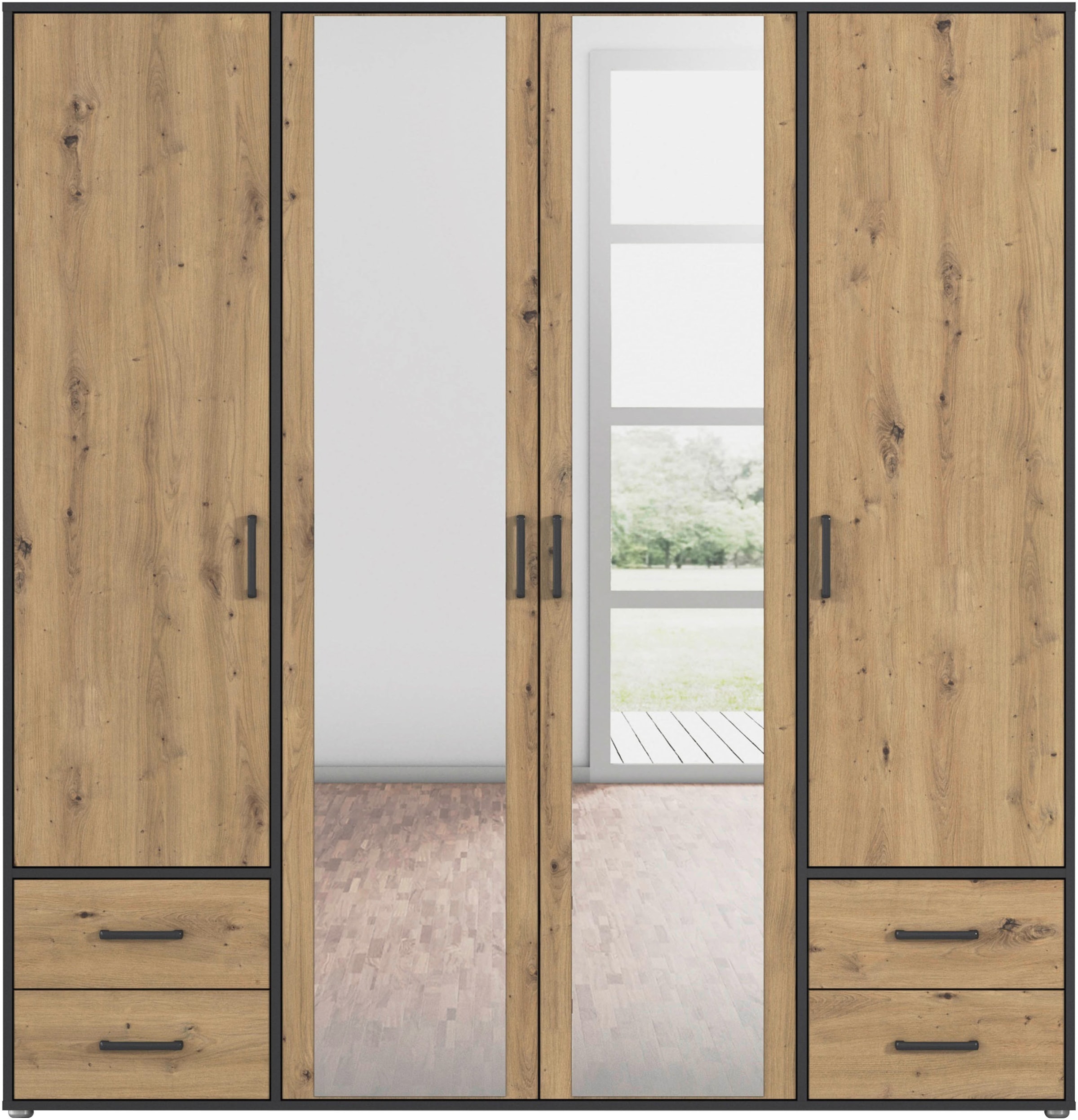 rauch Drehtürenschrank »Kleiderschrank Schrank Garderobe Wäscheschrank VOYAGER«, (in 3 verschiedenen Ausstattungen BASIC/CLASSIC/PREMIUM), mit modernen Griffen in Graumetallic, inkl. Schubkästen und Spiegel