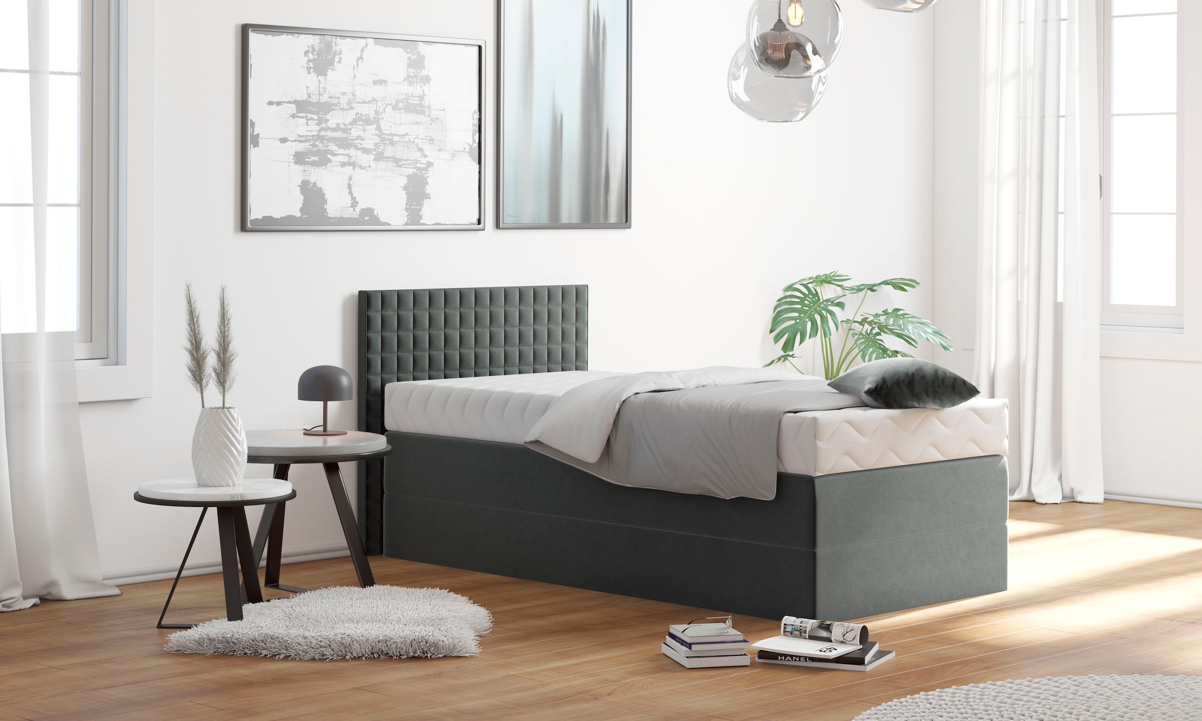 Boxspringbett, grau (anthrazit), B:105cm L:210cm, Bezug: 100% Polyester;Polsterwatte: 100% Polyester, WESTFALIA SCHLAFKOMFORT, Komplettbetten, Boxspringbett, mit Zierkissen, wahlweise mit Topper