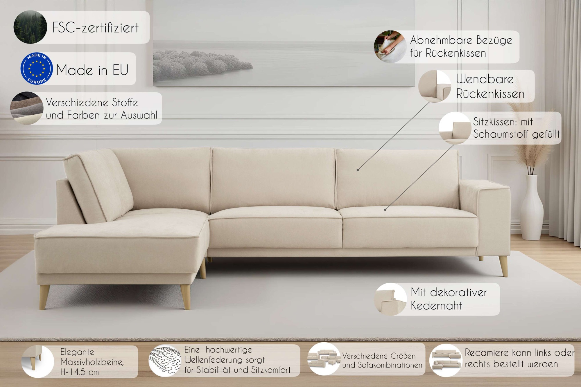 Thumbnail - OTTO home Ecksofa "Oland Skandi, weicher Chenille-Stoff" L-Form, 289 cm, Wellenunterfederung, Skandi-Design, Massivholzf...