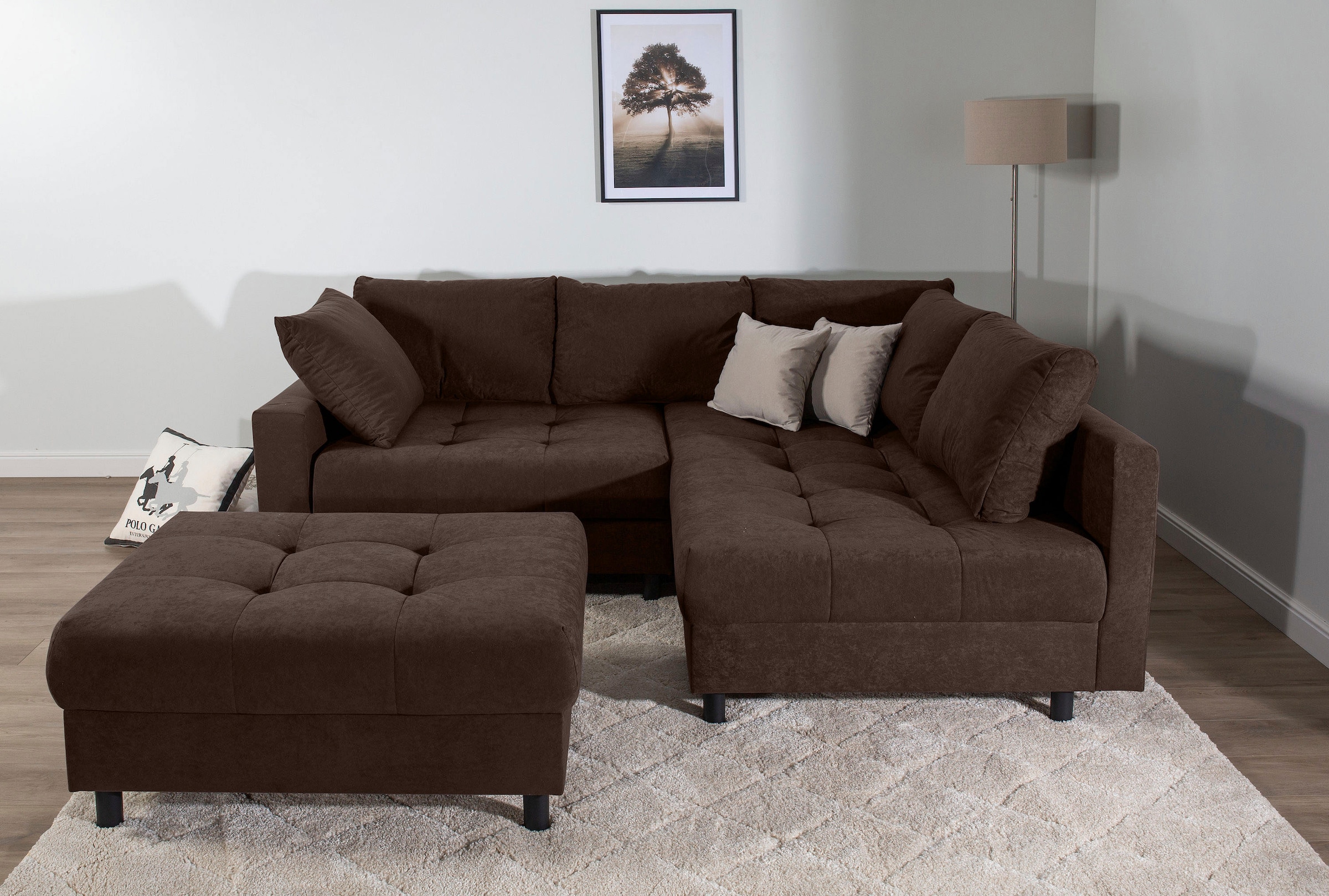 Home affaire Ecksofa »Toni L-Form, B: 215 cm«, mit Hocker & 2 Zierkissen, Federkern