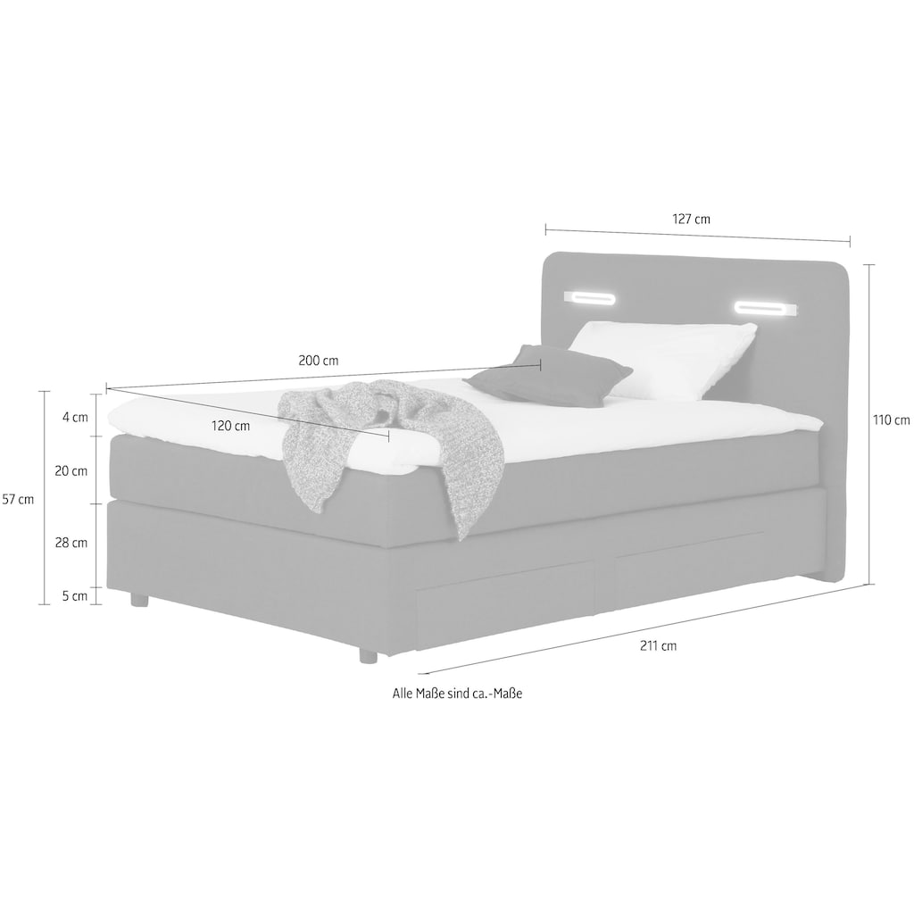 INOSIGN Boxbett »Luan«, Schubkästen, LED-Beleuchtung und Topper, in Breite 120 cm und 180 cm