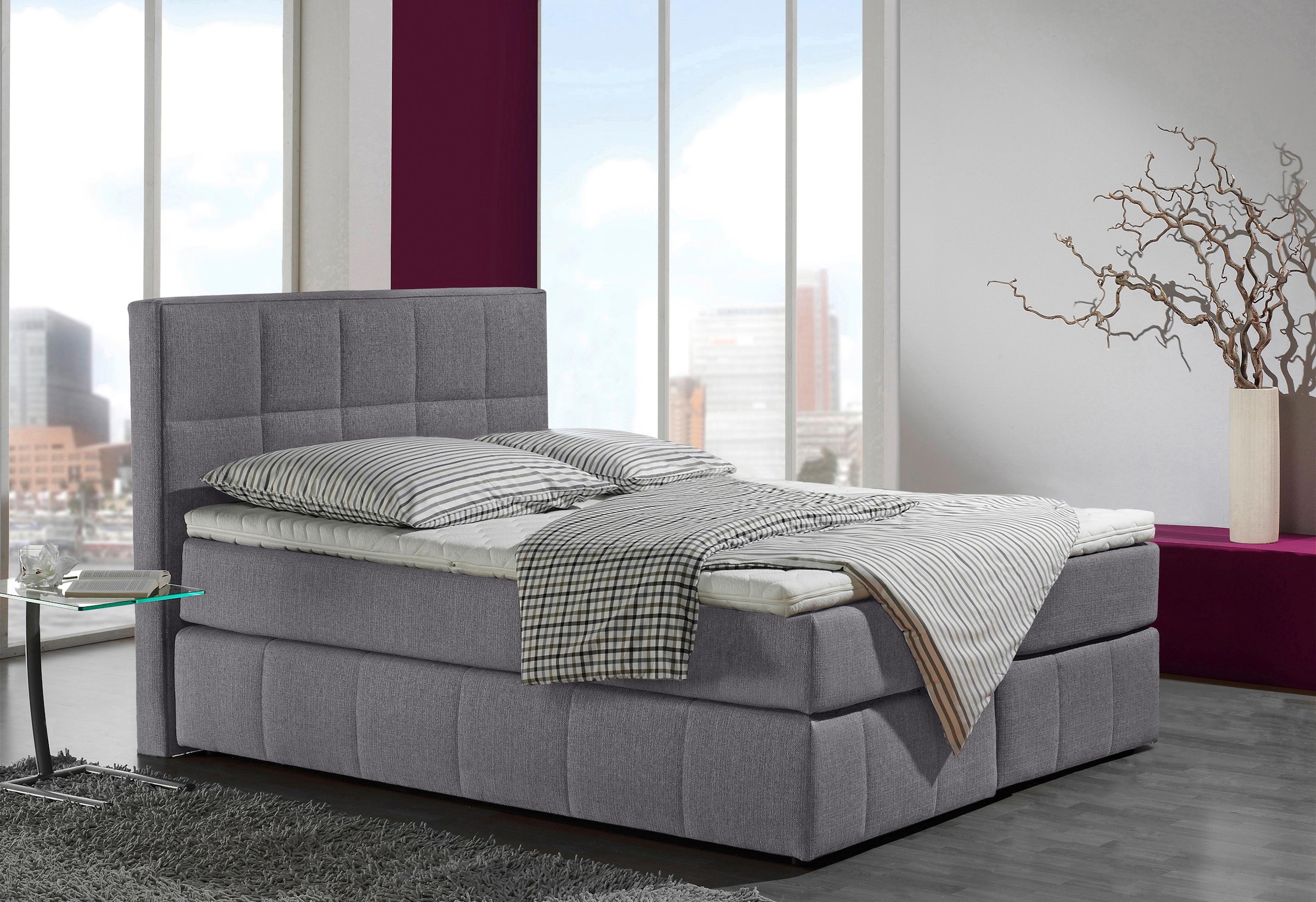 Boxspringbett HOME AFFAIRE "Casano", grau (anthrazit), B:152cm L:215cm, Strukturstoff-Bezug (100% Polyester), Komplettbetten, Boxspringbett, mit feiner Steppung, in 3 Matratzenarten, 2 Härtegraden und 5 Farben