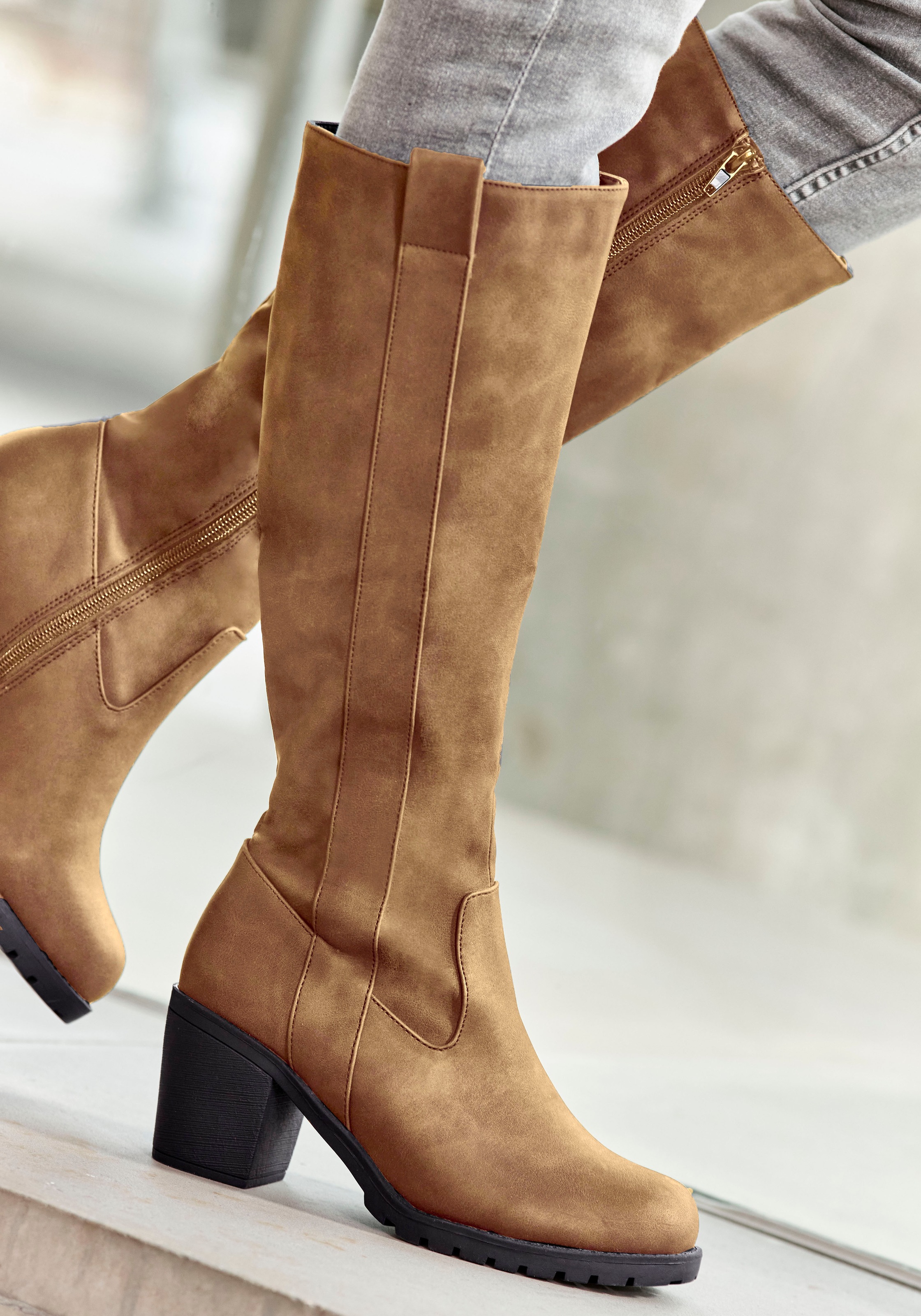 LASCANA Weitschaftstiefel Stiefel, Stiefelette, langer Stiefel, Blockabsatz günstig online kaufen