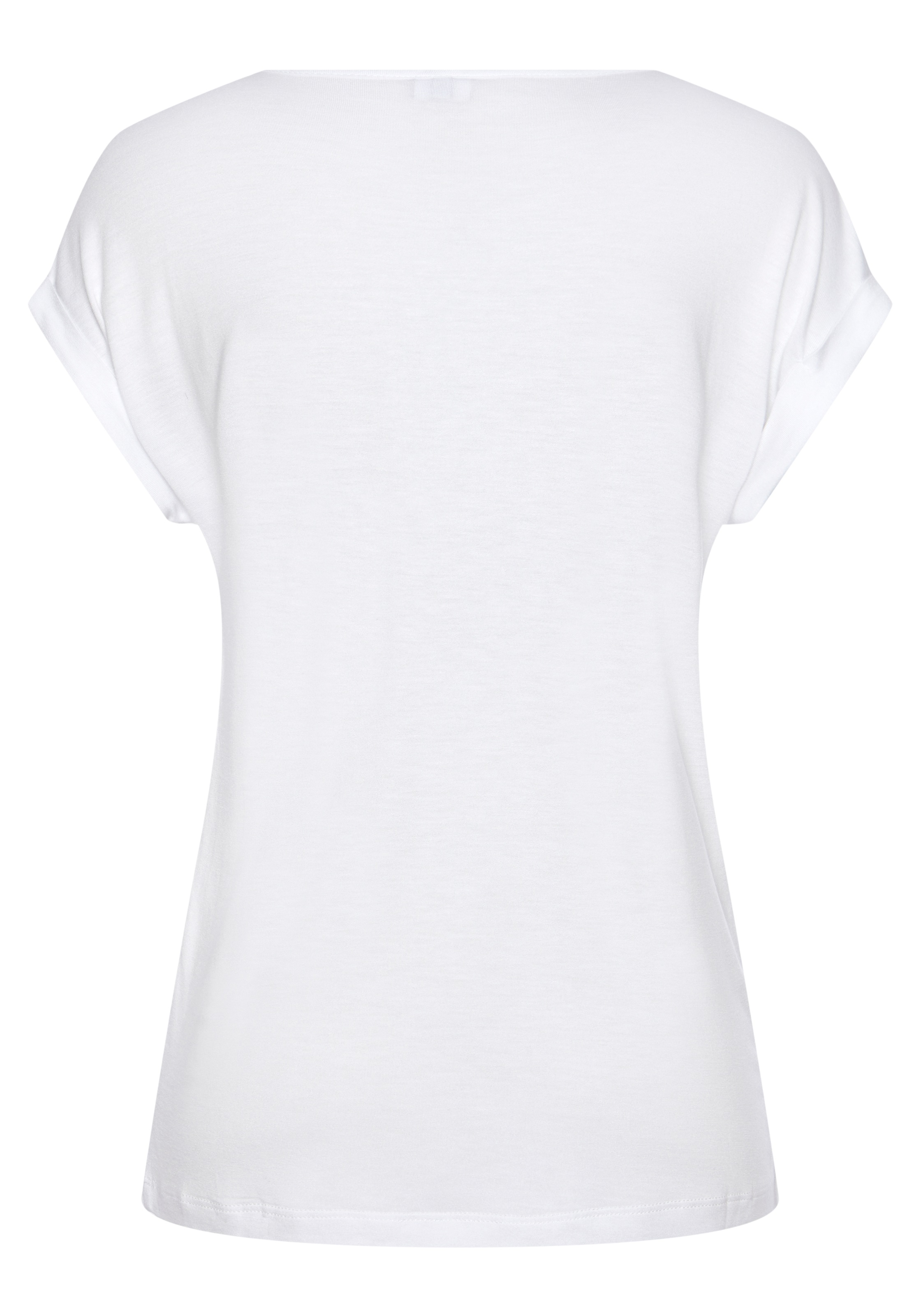 Kurzarmshirt LASCANA, Damen, Gr. 40/42, weiß, Jersey, Obermaterial: 100% Viskose, unifarben, figurumspielend hüftlang, Rundhals, Aufschlag, Shirts, mit Rundhalsausschnitt, Jerseyware, Ärmelaufschlag, Basic 3