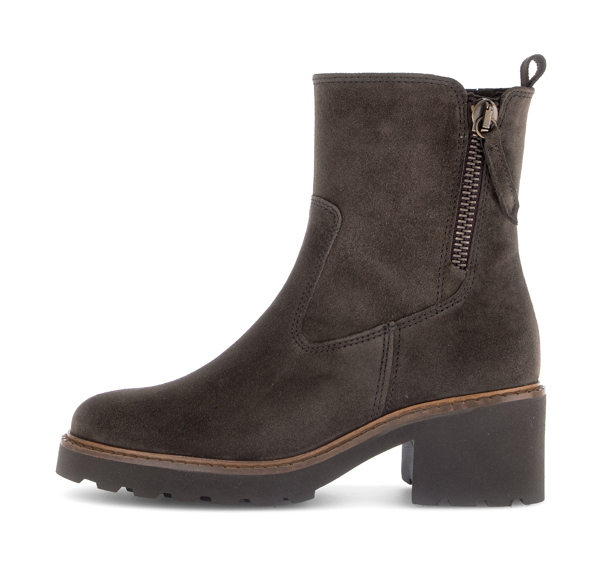 Stiefelette GABOR "TUNIS", Damen, Gr. 42, braun (dunkelbraun), Veloursleder, unifarben, Schuhe Stiefelette, Blockabsatz, Herbstboots mit Zierreißverschluss außen, G-Weite 3