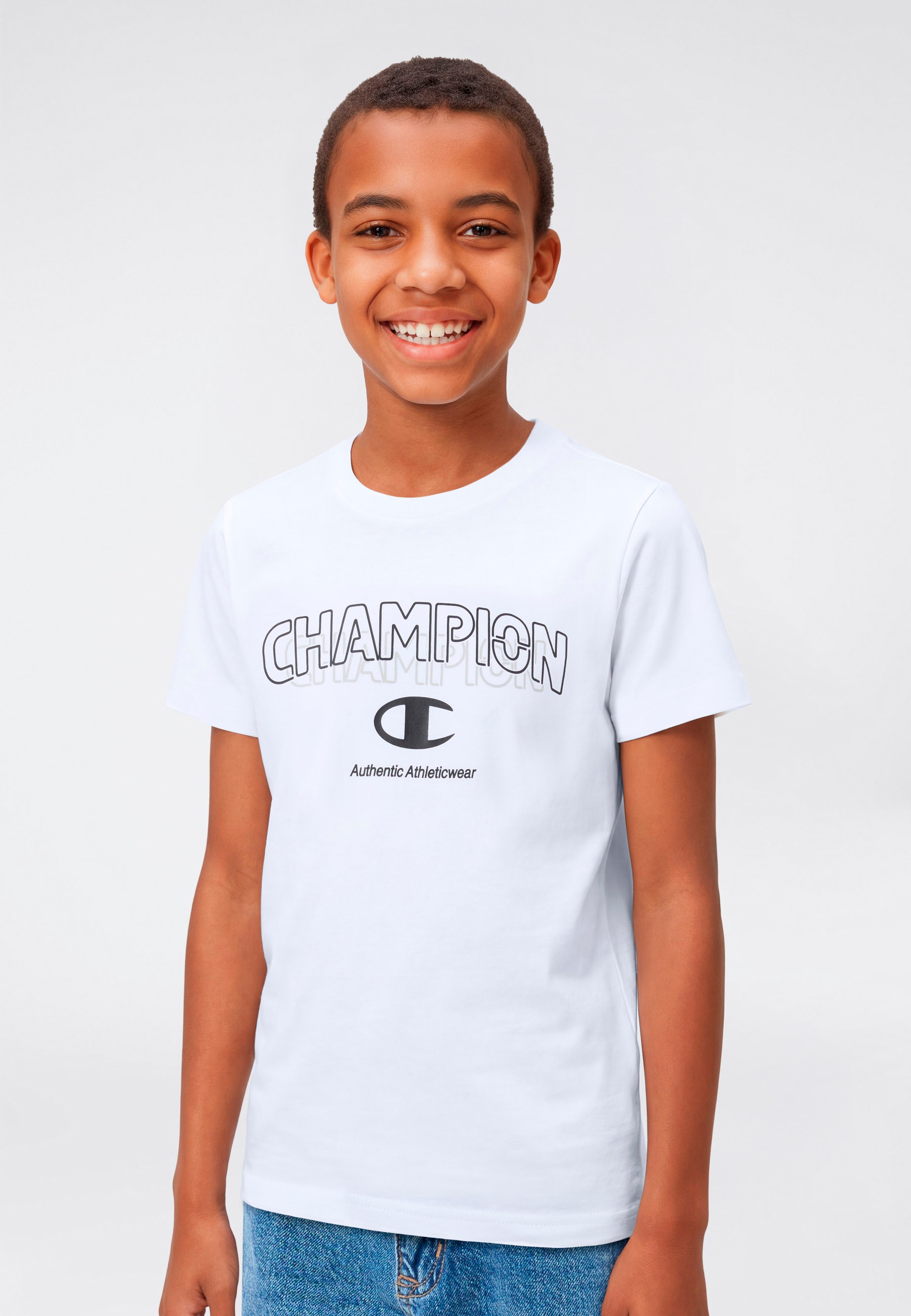 T-Shirt CHAMPION "Graphic T-Shirt", Jungen, Gr. XL (164/170), wht, Obermaterial: 100% Baumwolle, normal, Rundhals, Shirts T-Shirt, für Kinder, sportlicher Stil, Kurzarm, für sportliche Aktivitäten