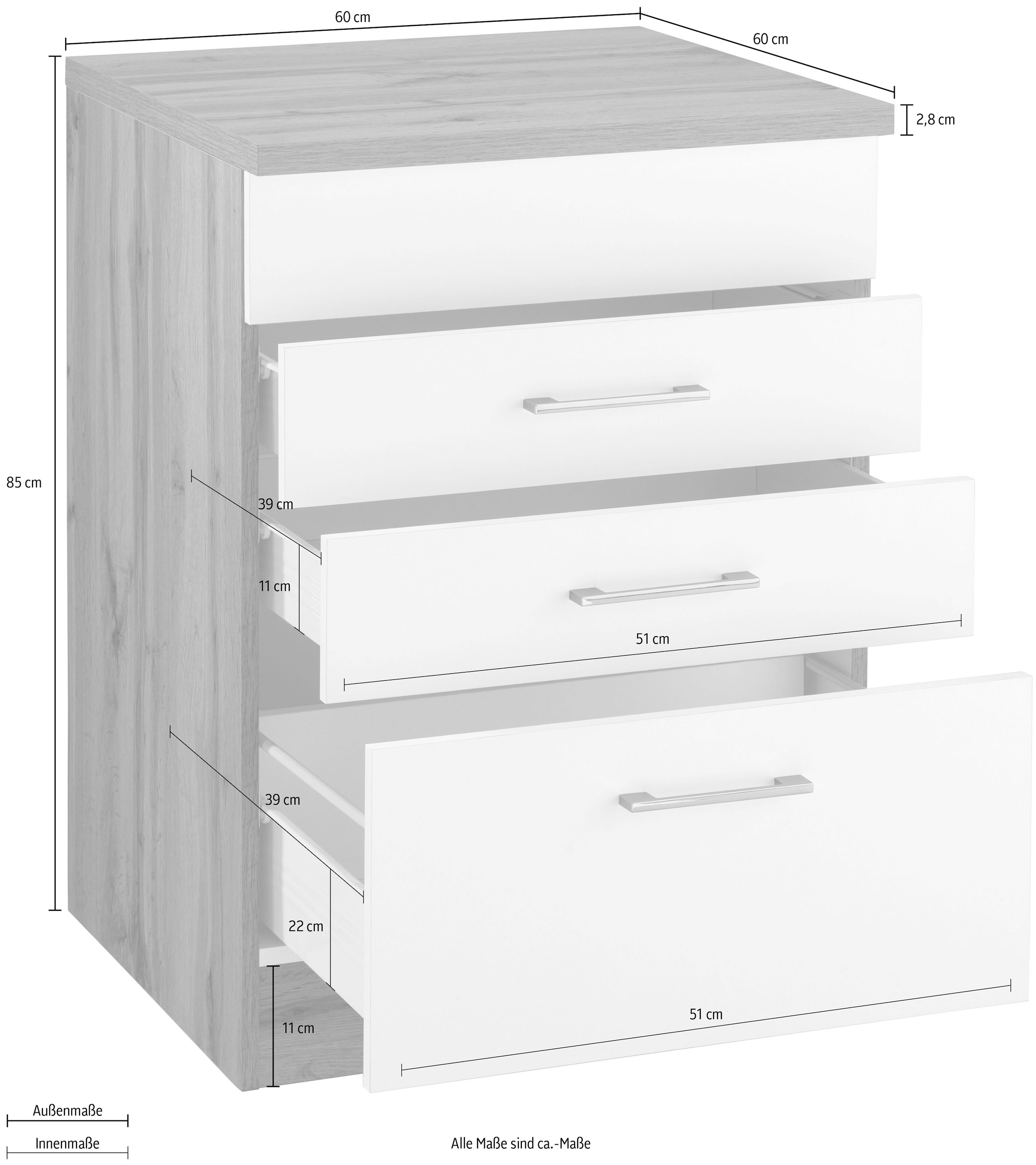 KOCHSTATION Kochfeldumbauschrank »KS-Colmar« 60 cm, mit Metallgriff, 2 Schubkästen und 1 Auszug