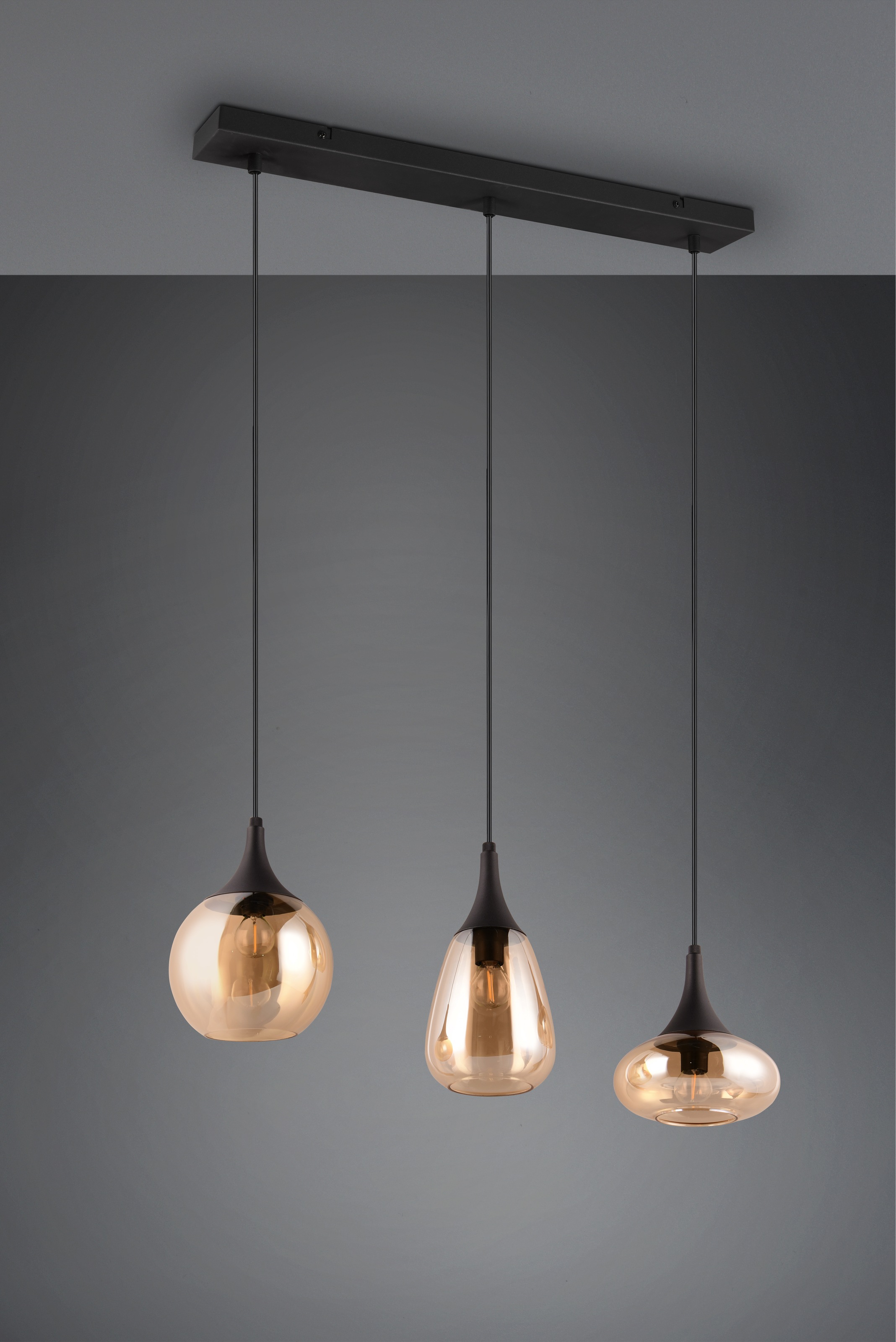 TRIO Leuchten Pendelleuchte »LUMINA, E14 Hängelampe 3-flammig Glasschirme in 3 Formen amberfarbig«, 3 flammig, Leuchtmittel E14 | Leuchtmittel wechselbar, exkl 3x E14 max 40W, Hängeleuchte höhenverstellbar bis max 150 cm