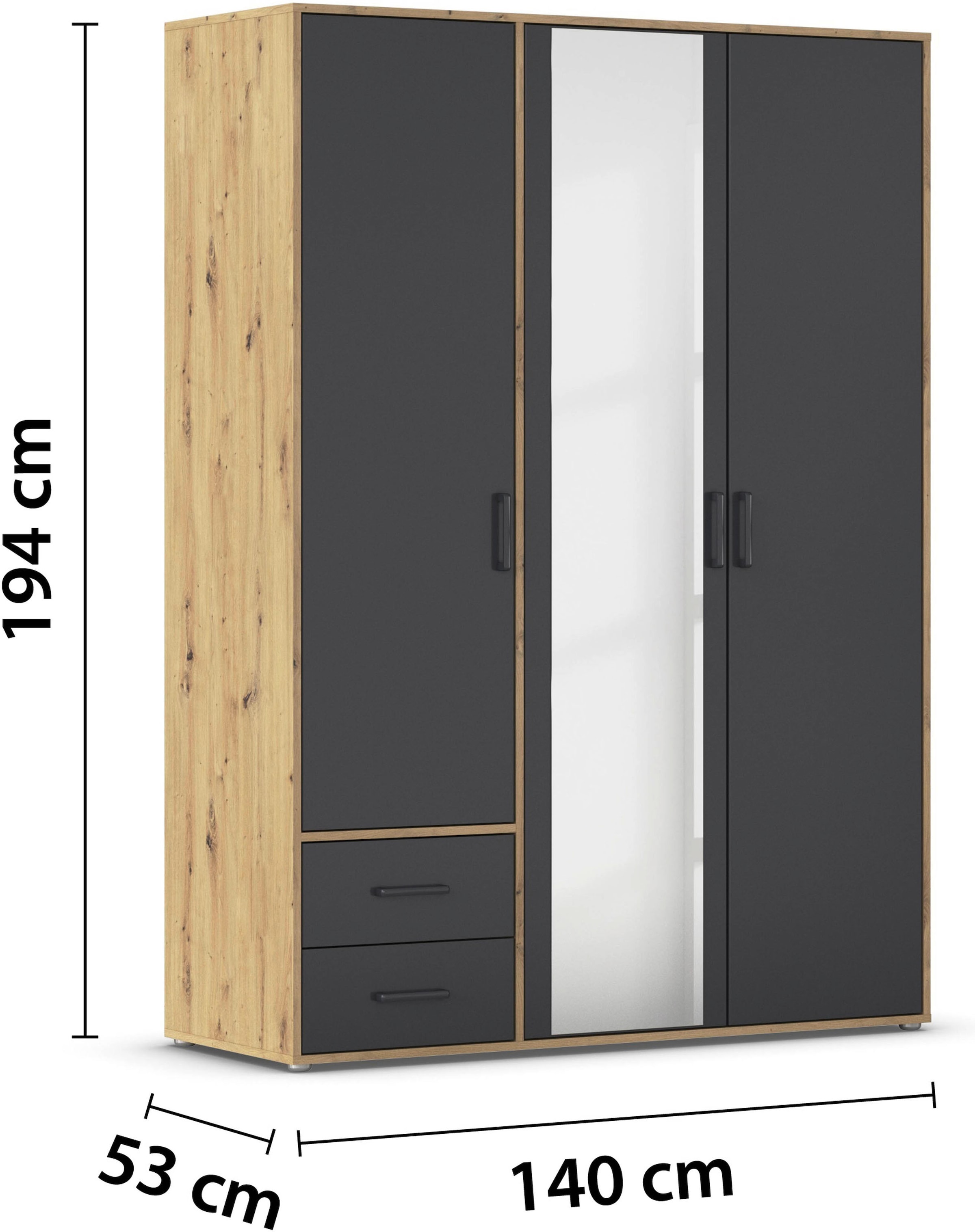 rauch Drehtürenschrank »Kleiderschrank Schrank Garderobe Wäscheschrank VOYAGER«, (in 3 verschiedenen Ausstattungen BASIC/CLASSIC/PREMIUM), mit modernen Griffen in Graumetallic, inkl. Schubkästen und Spiegel